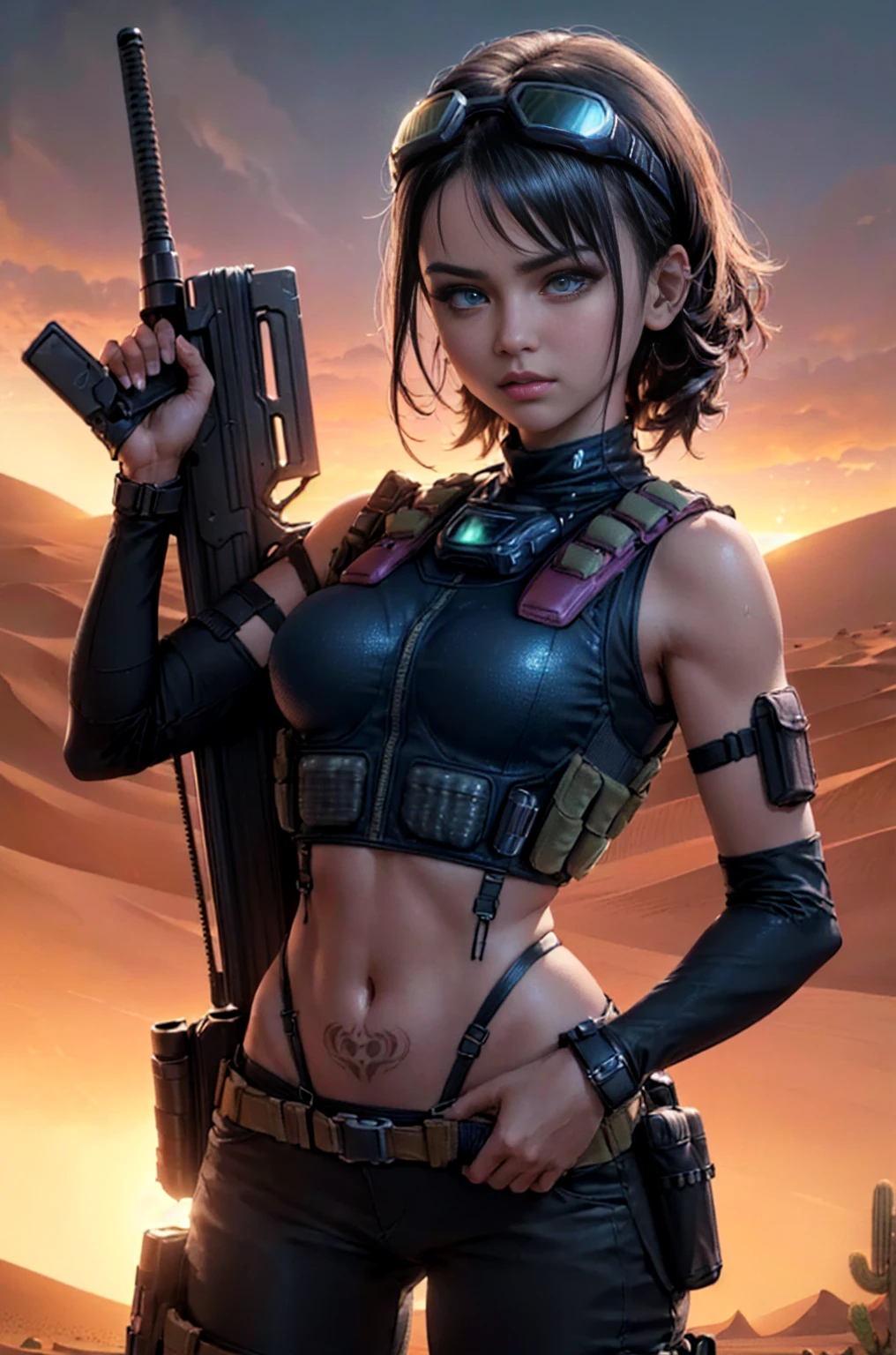 (1girl), ((desert combat outfit, holding weapon, tactical goggles, bullet vest, Fully clothed:1.4)), ((small Breasts, rounded breasts:1.3)), ((accentuated breast, large pelvic, wide hip, midriff, narrow waist, curvy waist:1.2)), ((slim, skinny waist, slender, skinny stomach:1.2)), modern hairstyle, colour streaked hair, hair highlights, ((smug face)), ((tattoo:1.1)),
masterpiece, best quality, realistic, ultra highres, depth of field, (full dual colour neon lighting:1.2), (detailed face:1.2), (detailed eyes:1.2), (detailed background:1.2), (desert, action sequences, cinematic lighting, desert storm:1.2) (masterpiece:1.2), (ultra detailed), (best quality), intricate, comprehensive cinematic, magical photography, (gradients), colorful, detailed landscape, visual key, shiny skin,