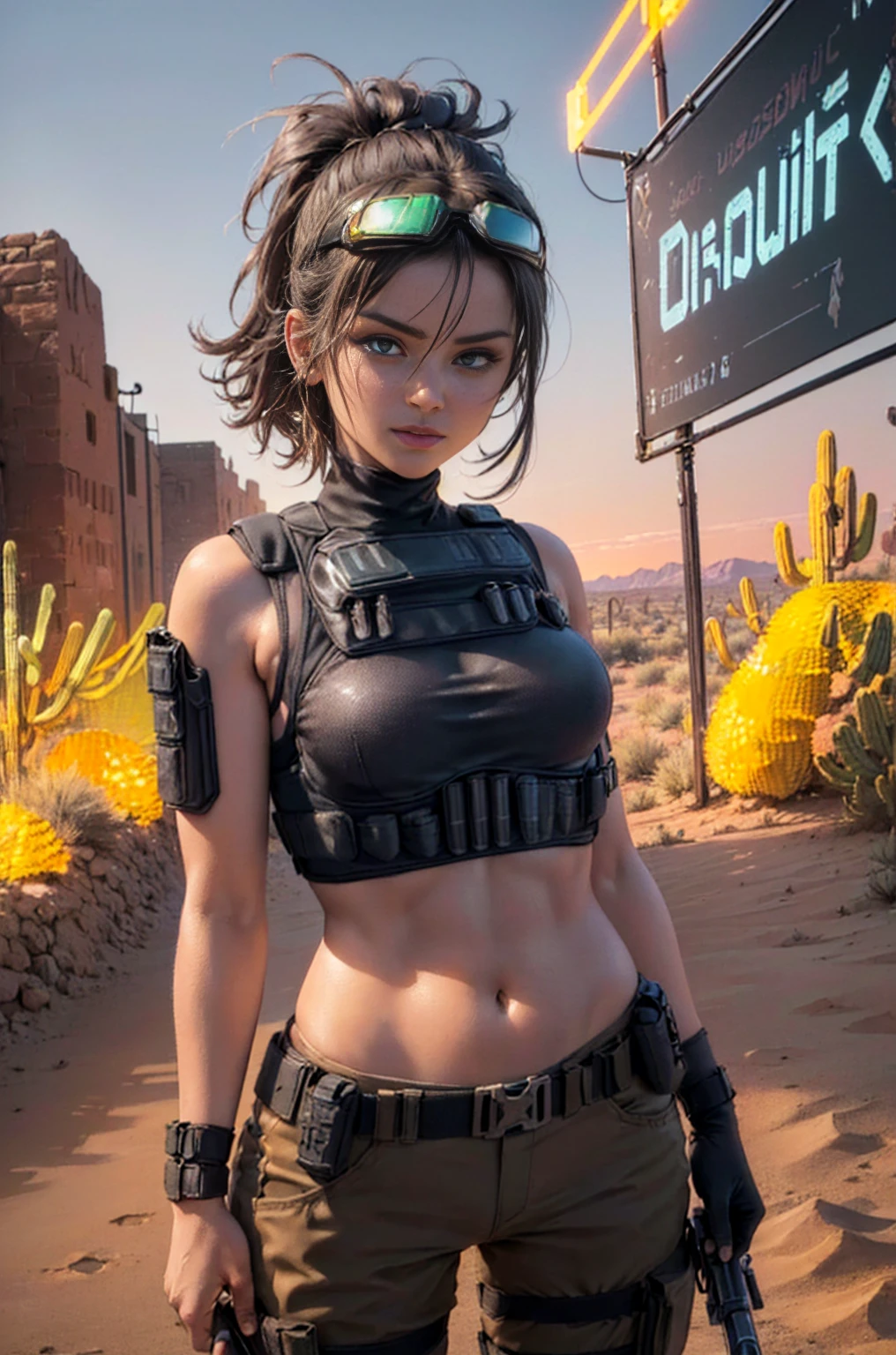 (1girl), ((desert combat outfit, holding weapon, tactical goggles, bullet vest, Fully clothed:1.4)), ((small Breasts, rounded breasts:1.3)), ((accentuated breast, large pelvic, wide hip, midriff, narrow waist, curvy waist:1.2)), ((slim, skinny waist, slender, skinny stomach:1.2)), modern hairstyle, colour streaked hair, hair highlights, ((smug face)), ((tattoo:1.1)),
masterpiece, best quality, realistic, ultra highres, depth of field, (full dual colour neon lighting:1.2), (detailed face:1.2), (detailed eyes:1.2), (detailed background:1.2), (desert, action sequences, cinematic lighting, desert storm:1.2) (masterpiece:1.2), (ultra detailed), (best quality), intricate, comprehensive cinematic, magical photography, (gradients), colorful, detailed landscape, visual key, shiny skin,