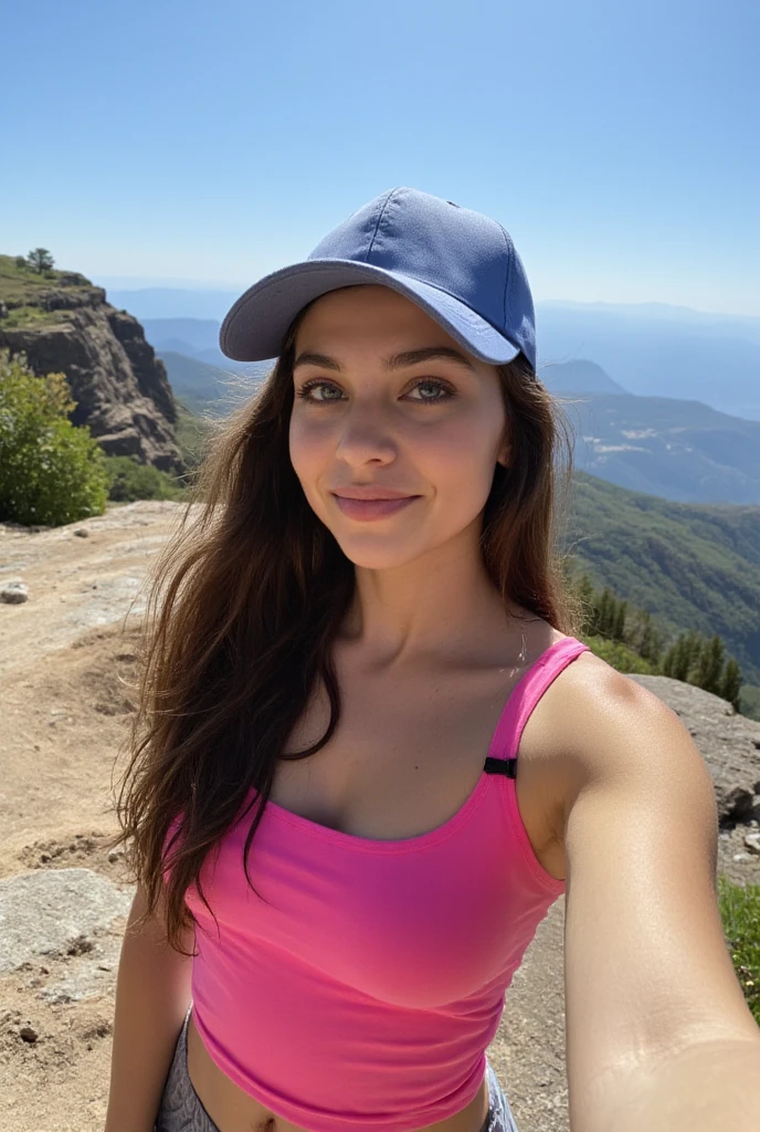 Selfie of a 30-year-old slim woman with long brown hair, blue eyes, and big-sized breasts, standing on a sunny mountain ridge with a panoramic view of green valleys. She is wearing a pink tank top, gray hiking shorts, and a lightweight blue baseball cap. The bright sunlight enhances her glowing skin and casts a soft shadow on her face.