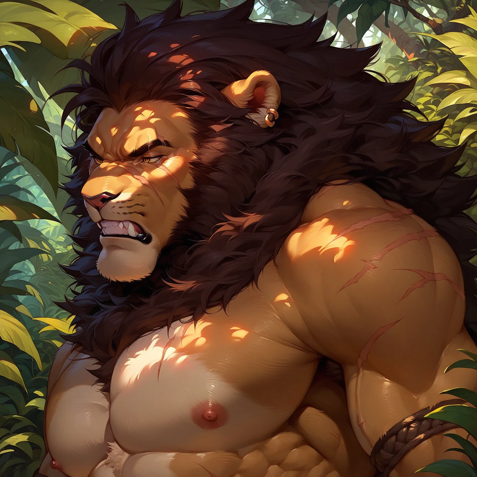 forest, Dynamic poses, Dynamic angle,forest巡逻, (Ultra Detailed), Sharp focus, Close-up of face，lion兽人,Golden Eyes, Brown mane, Light-colored fur, White beard, human nature (lion), male, middle aged, Shallow body, White belly, muscular, Ultra Detailed face, (Exquisite eyes),naked,(赤naked上身:1.4),lying on the grass(frown:1.4),(Deep sleep:1.6)Motion Blur, (best quality), (masterpiece), High Detail, high quality, The award-winning, high resolution, HD, 16K,