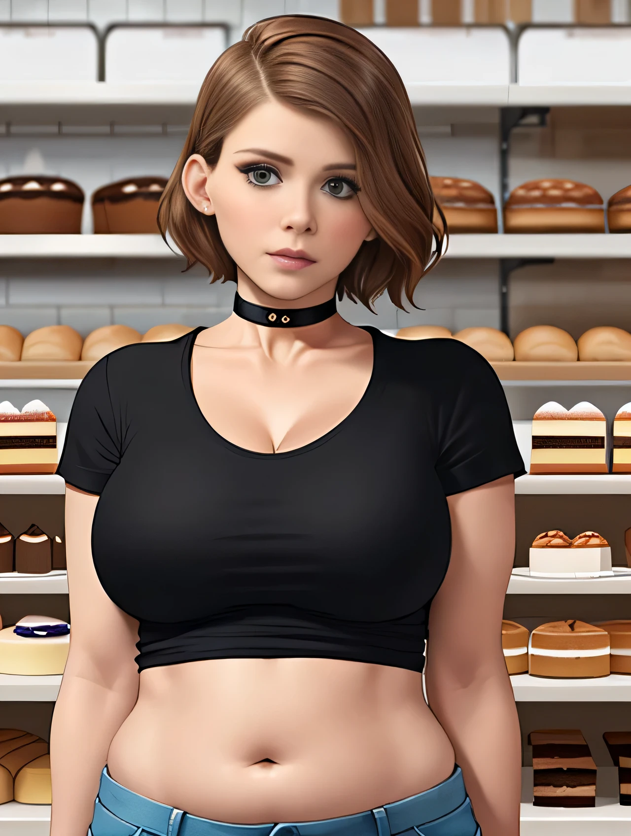 Kate Mara, (Kate Mara:1.5), masterpiece quality, (masterpiece quality:1.3), detailed, realistic, (realistic:1.3), 1girl, solo, (solo:1.9), 18 years old, in a fancy bakery, (in a fancy bakery:1.5), lots of cakes in background, (cakes in background:1.5), brown hair, (brown hair:1.5), short hair, wearing choker collar, (choker collar:1.5), wearing black t-shirt, (black t-shirt:1.9), wearing blue jean shorts, (blue jean shorts:1.5), midriff, (midriff:1.5), thin body, chubby belly, (chubby belly:1.2), big breasts, (big breasts:1.2), cleavage, (cleavage:1.5), 