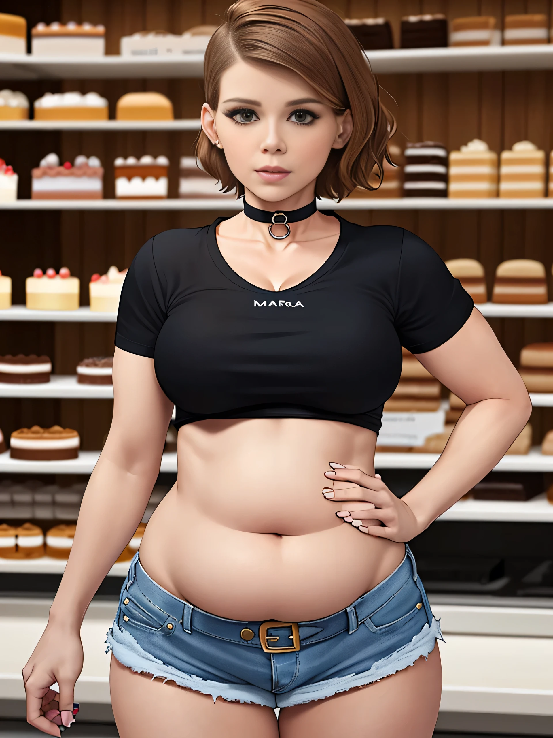 Kate Mara, (Kate Mara:1.5), masterpiece quality, (masterpiece quality:1.3), detailed, realistic, (realistic:1.3), 1girl, solo, (solo:1.9), 18 years old, in a fancy bakery, (in a fancy bakery:1.5), lots of cakes in background, (cakes in background:1.5), brown hair, (brown hair:1.5), short hair, wearing choker collar, (choker collar:1.5), wearing black t-shirt, (black t-shirt:1.9), wearing blue jean shorts, (blue jean shorts:1.5), midriff, (midriff:1.5), thin body, chubby belly, (chubby belly:1.2), big breasts, (big breasts:1.2), cleavage, (cleavage:1.5), 