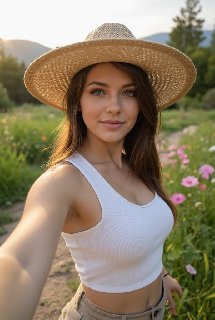 Selfie of a 30-year-old slim woman with long brown hair, blue eyes, and big-sized breasts, on a forest trail surrounded by blooming wildflowers in the late afternoon. She is wearing a white sleeveless hiking shirt, beige cargo pants, and a wide-brimmed straw hat. The soft golden light of the setting sun creates a dreamy, warm atmosphere.