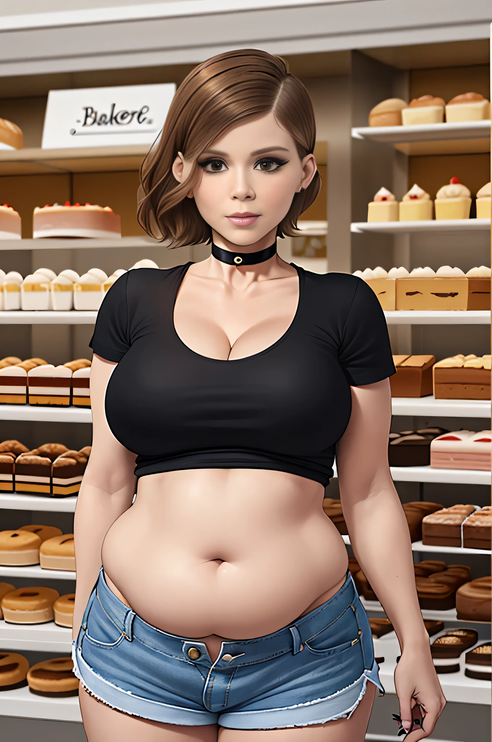 Kate Mara, (Kate Mara:1.5), masterpiece quality, (masterpiece quality:1.3), detailed, realistic, (realistic:1.3), 1girl, solo, (solo:1.9), 18 years old, in a fancy bakery, (in a fancy bakery:1.5), lots of cakes in background, (cakes in background:1.5), brown hair, (brown hair:1.5), short hair, wearing choker collar, (choker collar:1.5), wearing black t-shirt, (black t-shirt:1.9), wearing blue jean shorts, (blue jean shorts:1.5), midriff, (midriff:1.5), thin body, chubby belly, (chubby belly:1.2), big breasts, (big breasts:1.2), cleavage, (cleavage:1.5), 