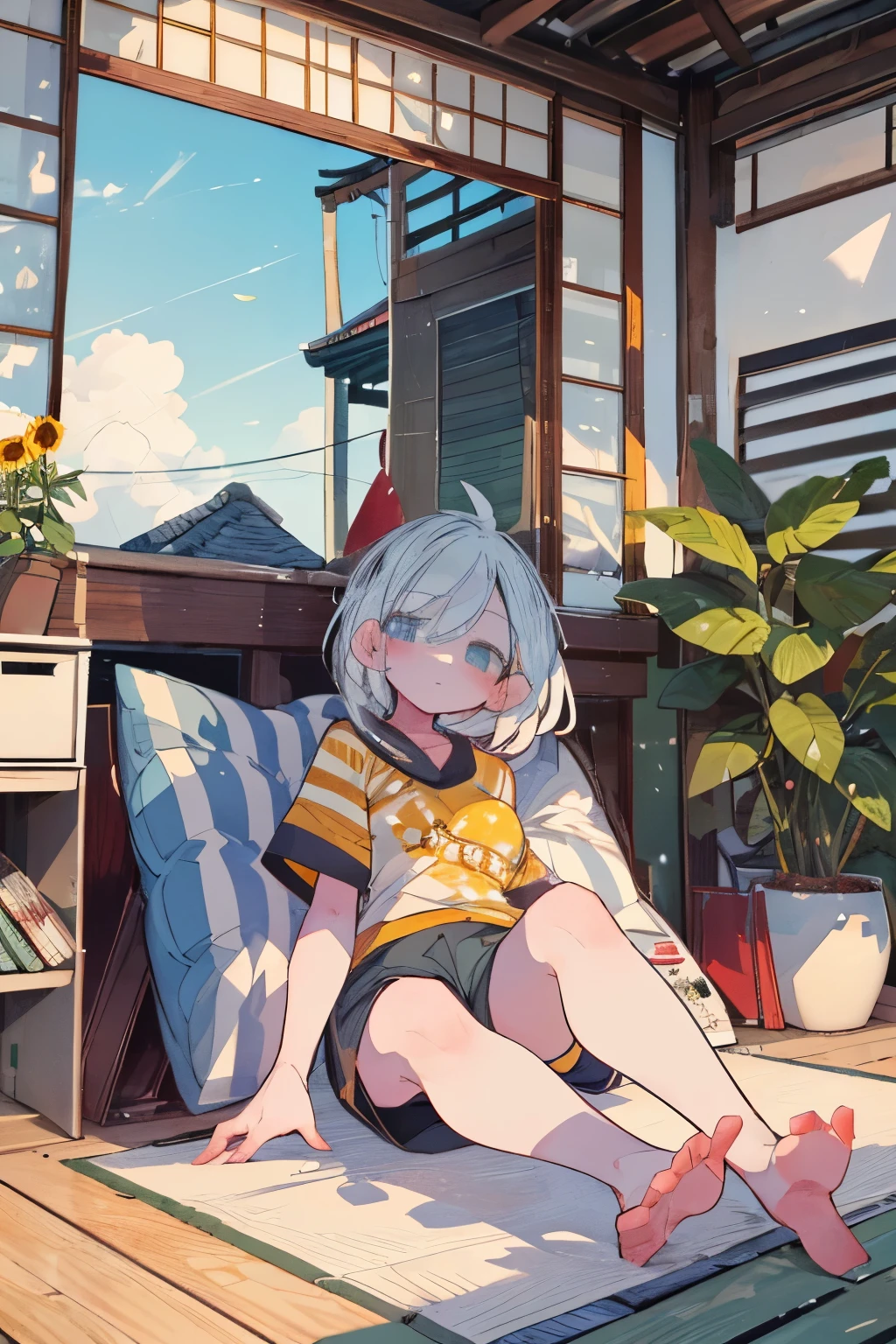 (1 girl) 1 girl, cute girl, The image shows a young woman sitting on the floor ,  embracing her legs while resting against a cushion .  Wear a yellow and white striped t-shirt and dark shorts .  Sunlight comes through a window and projects diagonal rays onto the wall and floor,  illuminating her hair partially .  His expression is serene and seems be enjoying the moment .  In front of it there is a blue fan on ,  connected to a power strip .  Around her are several objects :  a glass with cold drink , a plate with sunflowers , books, notebooks,  an old mobile phone and a Japanese palette  (uchiwa ).  The environment conveys a feeling of summer and relaxation ,  with details such as an old fan ,  warm colors and a soft breeze visually represented . The sky is bright blue,  adorned with large white clouds that add a sense of depth and calm .  Sunlight creates a play of shadows and reflections on the young woman ,  the leaves of the tree and the roof . Environment: The scene conveys serenity,  freedom and a connection with nature ,  thanks to the contrast between the vibrant blue of the sky and the warm tones of the roof and the fresh green of the tree .  The illustrative style has soft colors and well-defined shadows that provide an air of melancholy and contemplation.
