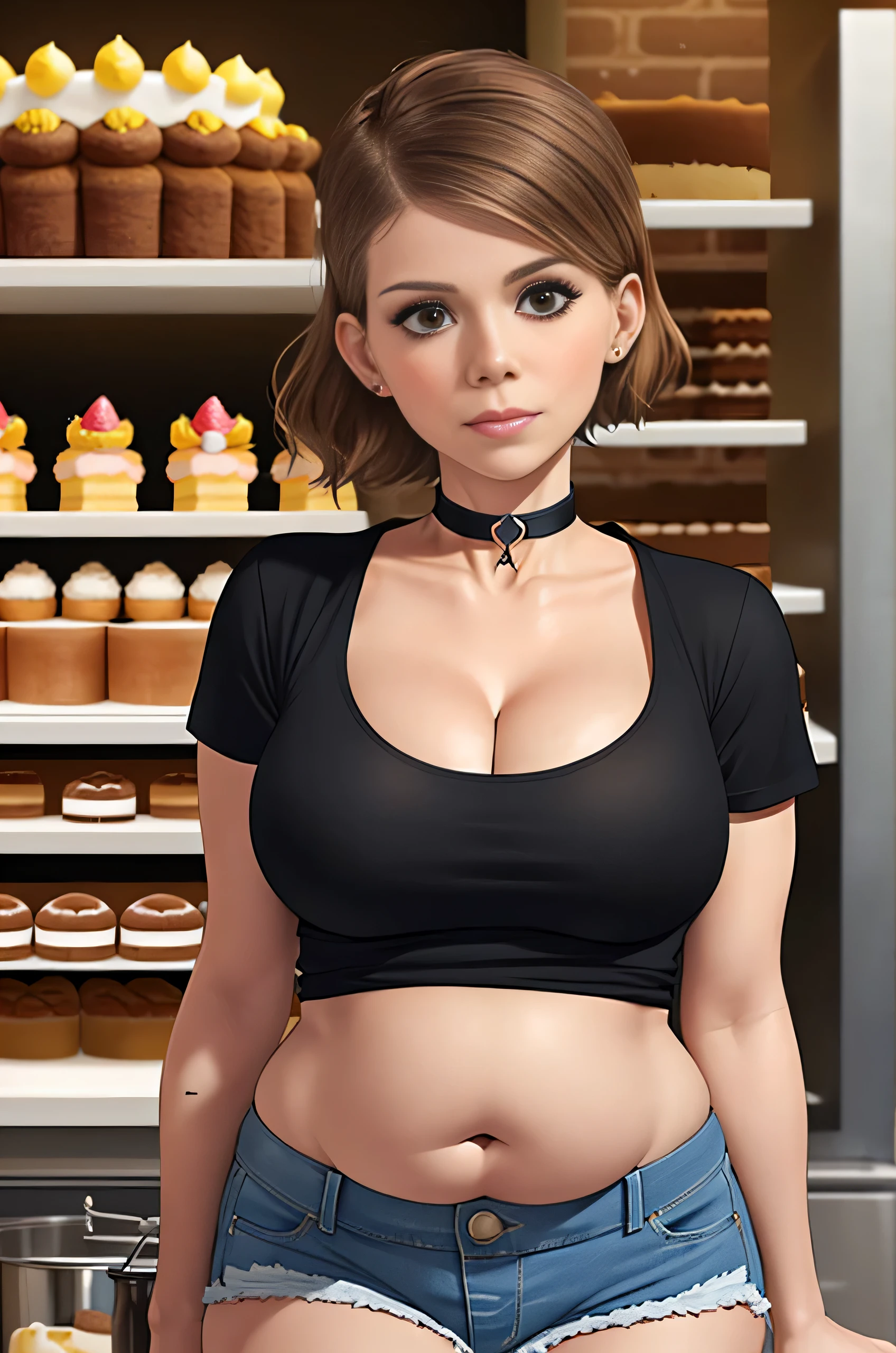 Kate Mara, (Kate Mara:1.5), masterpiece quality, (masterpiece quality:1.3), detailed, realistic, (realistic:1.3), 1girl, solo, (solo:1.9), 18 years old, in a fancy bakery, (in a fancy bakery:1.5), lots of cakes in background, (cakes in background:1.5), brown hair, (brown hair:1.5), short hair, wearing choker collar, (choker collar:1.5), wearing black t-shirt, (black t-shirt:1.9), wearing blue jean shorts, (blue jean shorts:1.5), midriff, (midriff:1.5), thin body, chubby belly, (chubby belly:1.2), big breasts, (big breasts:1.2), cleavage, (cleavage:1.5), 