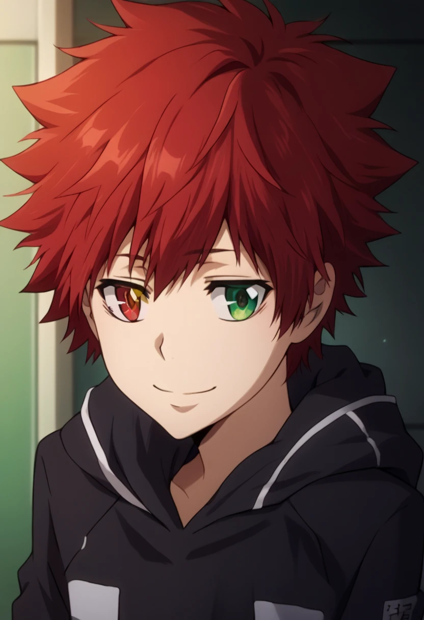 score_9, score_8_up, score_7_up, score_6_up, highly detailed, masterpiece, best quality,detailed,intricate details, amazing quality, best aesthetic, absurdres,source_anime,1 boy,Enma_hyper,red hair,heterochromia,red eye, green eye,Long nape hair,smile,black hoodie clothes with hood