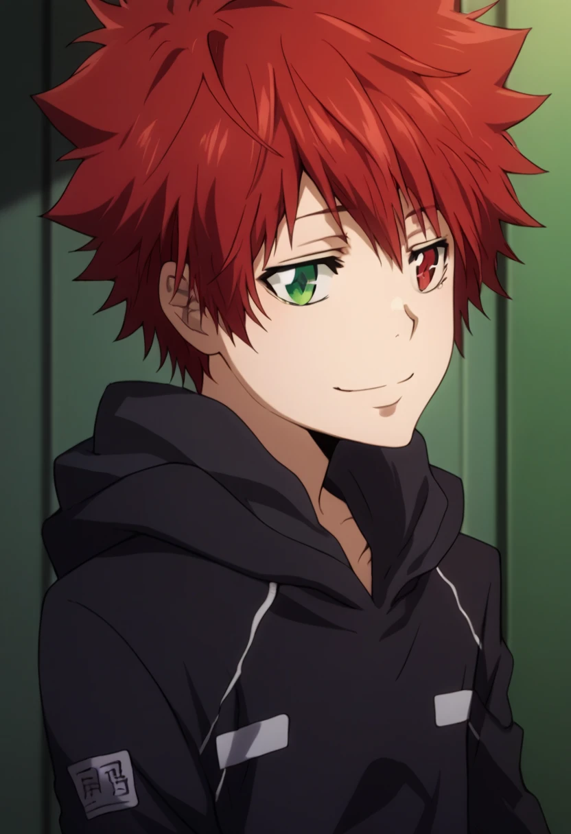 score_9, score_8_up, score_7_up, score_6_up, highly detailed, masterpiece, best quality,detailed,intricate details, amazing quality, best aesthetic, absurdres,source_anime,1 boy,Enma_hyper,red hair,heterochromia,red eye, green eye,Long nape hair,smile,black hoodie clothes with hood