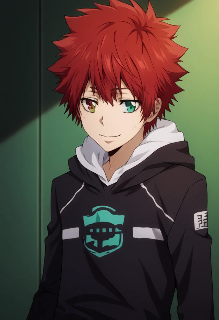 score_9, score_8_up, score_7_up, score_6_up, highly detailed, masterpiece, best quality,detailed,intricate details, amazing quality, best aesthetic, absurdres,source_anime,1 boy,Enma_hyper,red hair,heterochromia,red eye, green eye,Long nape hair,smile,black hoodie clothes with hood