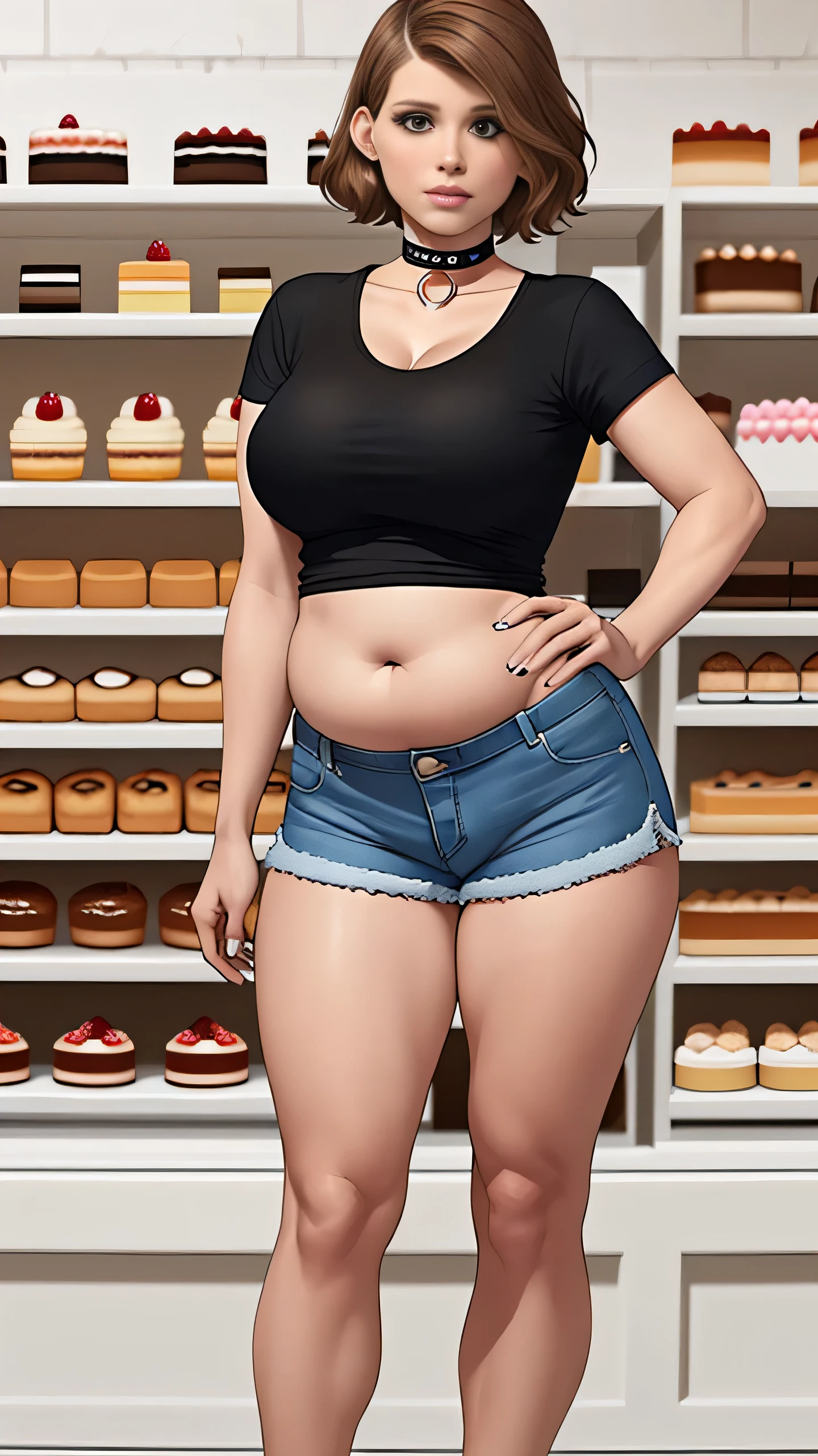 Kate Mara, (Kate Mara:1.5), masterpiece quality, (masterpiece quality:1.3), detailed, realistic, (realistic:1.3), 1girl, solo, (solo:1.9), 18 years old, in a fancy bakery, (in a fancy bakery:1.5), lots of cakes in background, (cakes in background:1.5), brown hair, (brown hair:1.5), short hair, wearing choker collar, (choker collar:1.5), wearing black t-shirt, (black t-shirt:1.9), wearing blue jean shorts, (blue jean shorts:1.5), midriff, (midriff:1.5), thin body, chubby belly, (chubby belly:1.2), big breasts, (big breasts:1.2), cleavage, (cleavage:1.5),