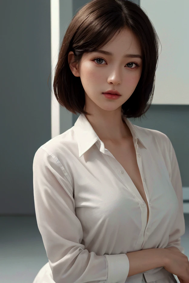 Photo from behind、28 years old,1 Japanese female,((Sit on a chair))((Wearing grey fitted trousers))((Wearing a white shirt))((Her breasts are popping out of her shirt))((Accentuated buttocks))((Accentuates the fit of your buttocks))(Medium sized breasts),(Beautiful breasts)(Moderately voluptuous body)(Black short bob hair),(Best image quality, (8K), Ultra-realistic, 最high quality, high quality, High resolution, high qualityの質感, Attention to detail, Beautiful details, Fine details, Extremely detailed CG, Detailed Texture, Realistic facial expressions, masterpiece,(Wearing glasses:1.1) (((The upper body is leaning backwards)))(((Accentuates curves from chest to waist)))(((Photograph the whole body)))