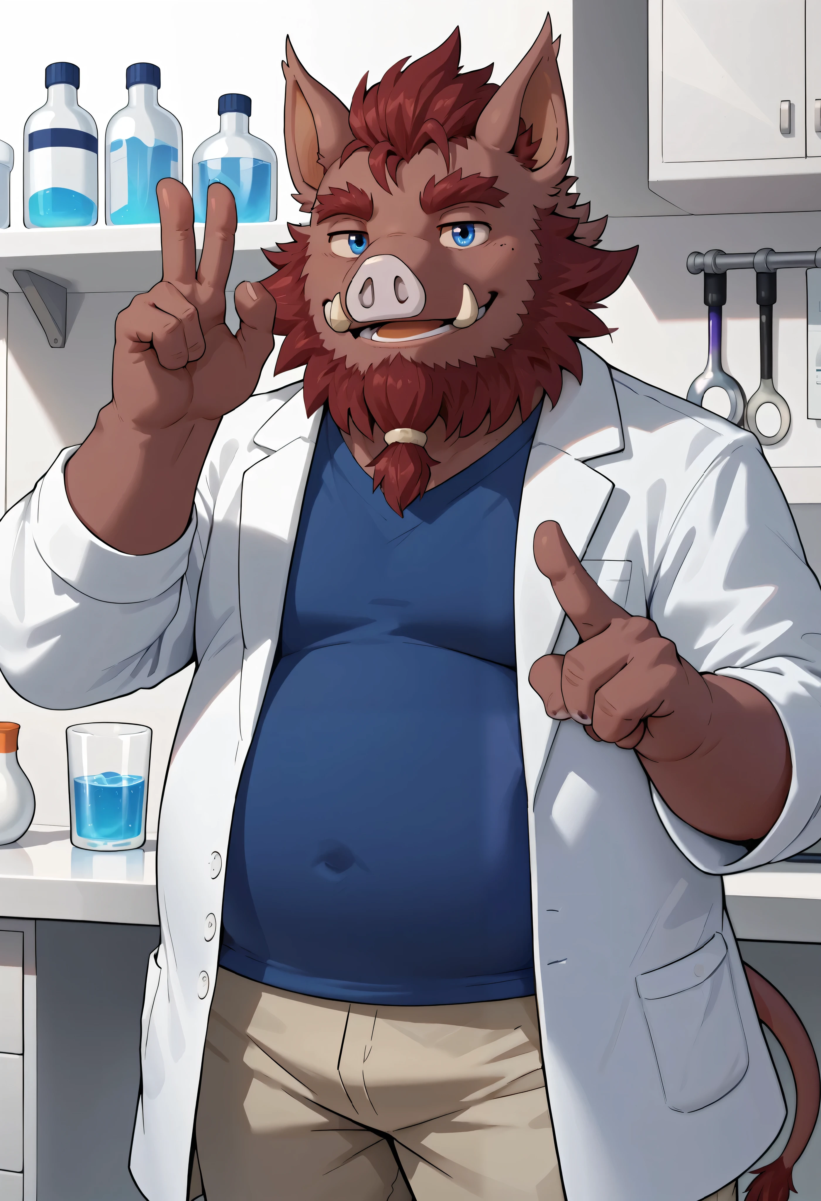 score_9, score_8_up, score_7_up, 0swinvn, boar, (dark red body), blue eyes, chubby, long boar tail, furry body, solo, 1boy, extremely expressive, white lab coat, blue shirt, badge pants, peace gesture, ((expressive smile)), sexy expression, bedroom eyes, lab, science lab, holding vial, , hi res, detailed eyes, eyes focus, big iris, 4k perfect eyes, perfect face, 5fingers, best artwork, highly detailed