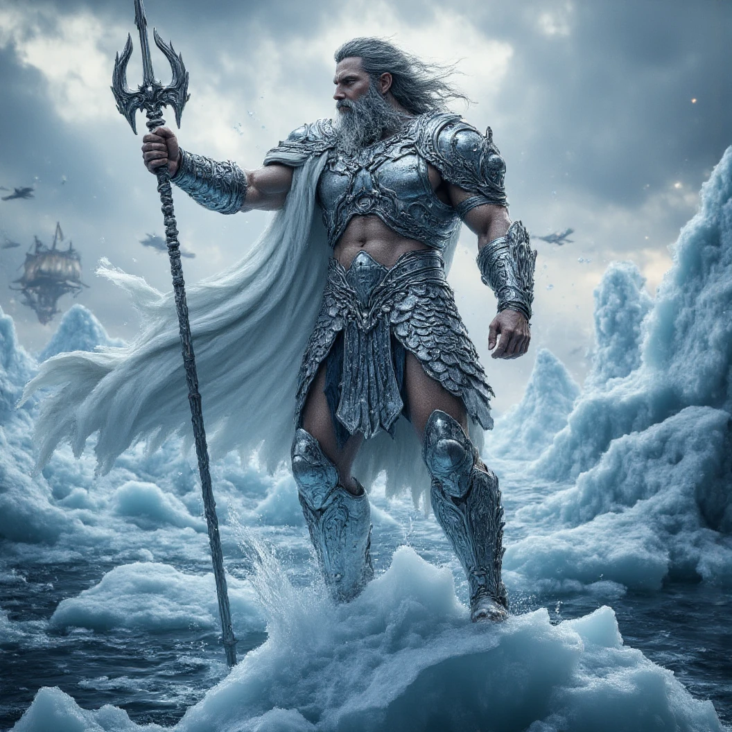 Imagine a close-up shot of Poseidon standing on a large iceberg. Dark gray hair and beard. He is donned in silver ornate fish scale armor with a white cape. Dynamically raises his trident spear as he releases a furious war cry. Dynamic Movement. Dynamic Pose. Ships on the sea are completely covered in thick ice. The name "SUBSonic726G" carved boldly in to his iceberg. Icebergs dynamically clash together. High Resolution, Masterpiece, Digital Art, Character Design, Hyperdetailed, Depth Of Field, Image Fill, Cinematic Lighting, Close-Up