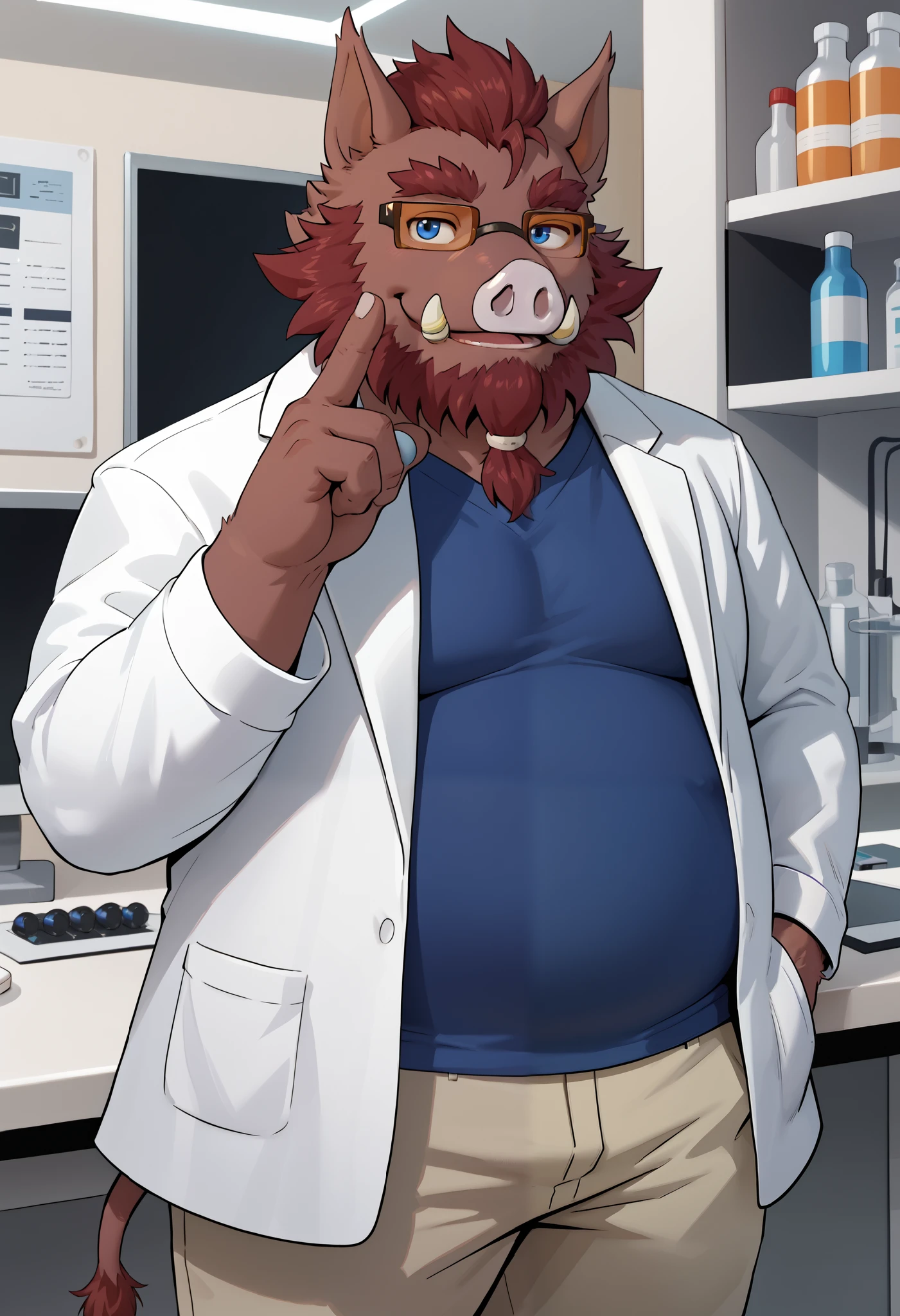 score_9, score_8_up, score_7_up, 0swinvn, boar, (dark red body), blue eyes, chubby, long boar tail, furry body, solo, 1boy, extremely expressive, white lab coat, blue shirt, badge pants, orange glasses, peace gesture, ((expressive smile)), sexy expression, bedroom eyes, lab, science lab, hand near chin, hi res, detailed eyes, eyes focus, big iris, 4k perfect eyes, perfect face, 5fingers, best artwork, highly detailed