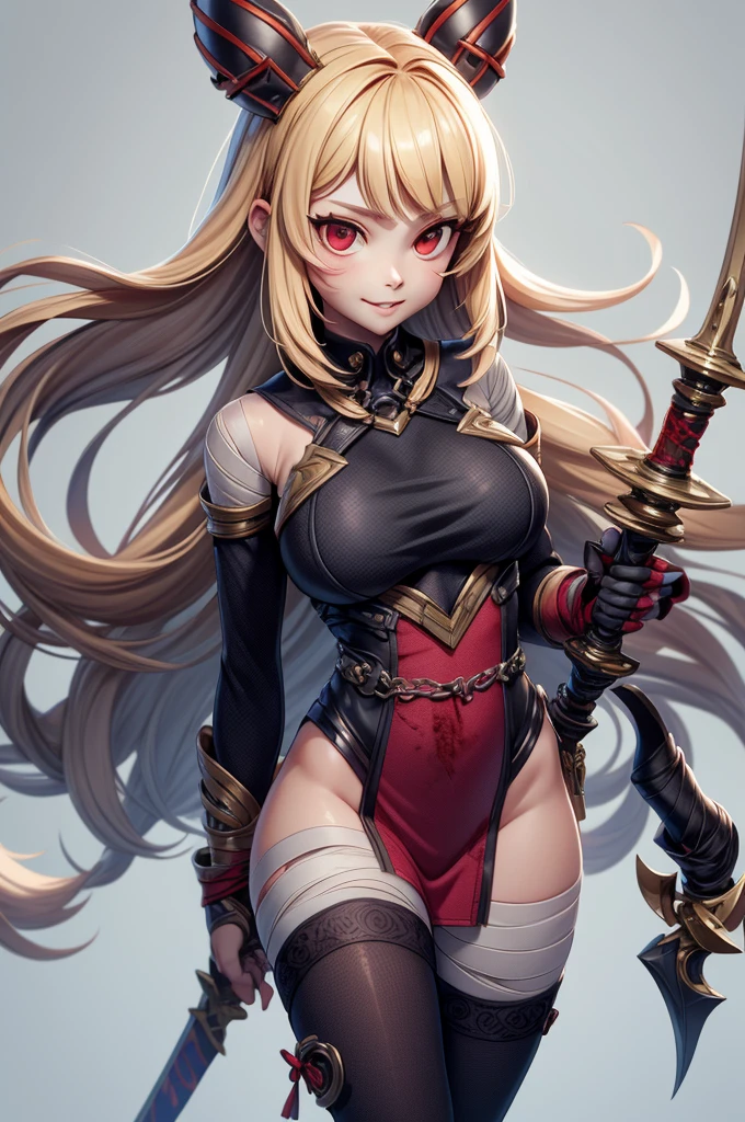 mmfate3, pink hair, bare shoulders, magatama, long hair, japanese clothes, ponytail, hair ornament, detached sleeves, asymmetrical hair, jewelry, earrings, sword, weapon, 1girl, solo, armor, long_hair, sheath, breasts, hand_on_hip, belt, large_breasts, grey_background, shoulder_armor, pauldrons, gloves, holding, (shaded face:1.2), hollow eyes, blue eyes, looking at viewer, seductive smile, glowing eyes, makeup, lips, "Photorealistic, Hyperrealistic, Hyperdetailed, analog style, soft lighting, subsurface scattering, realistic, heavy shadow, masterpiece, best quality, ultra realistic, 8k, golden ratio, Intricate, High Detail, film photography, soft focus"