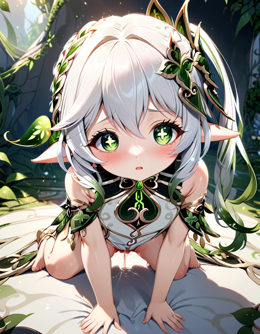 1girl, white hair, green eyes, from below, looking down, pussy, scared