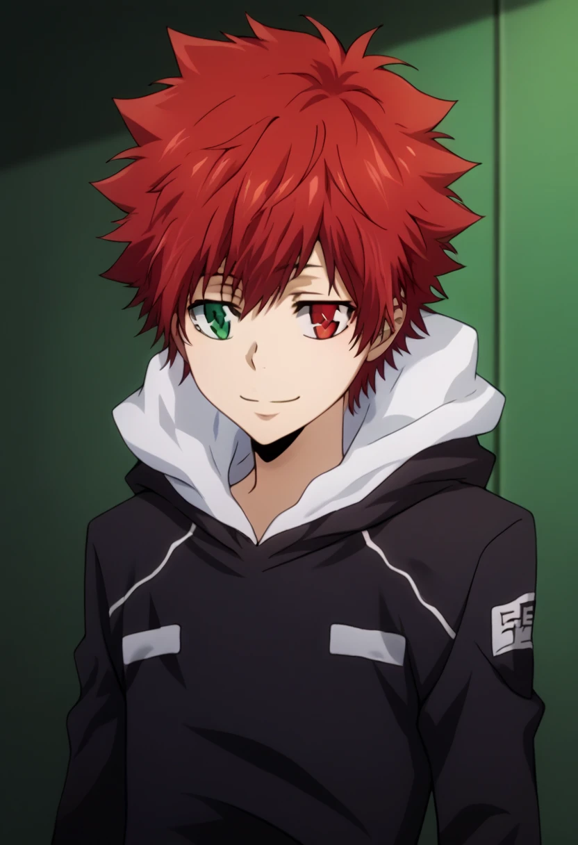 score_9, score_8_up, score_7_up, score_6_up, highly detailed, masterpiece, best quality,detailed,intricate details, amazing quality, best aesthetic, absurdres,source_anime,1 boy,Enma_hyper,red hair,heterochromia,red eye, green eye,Long nape hair,smile,black hoodie clothes with hood