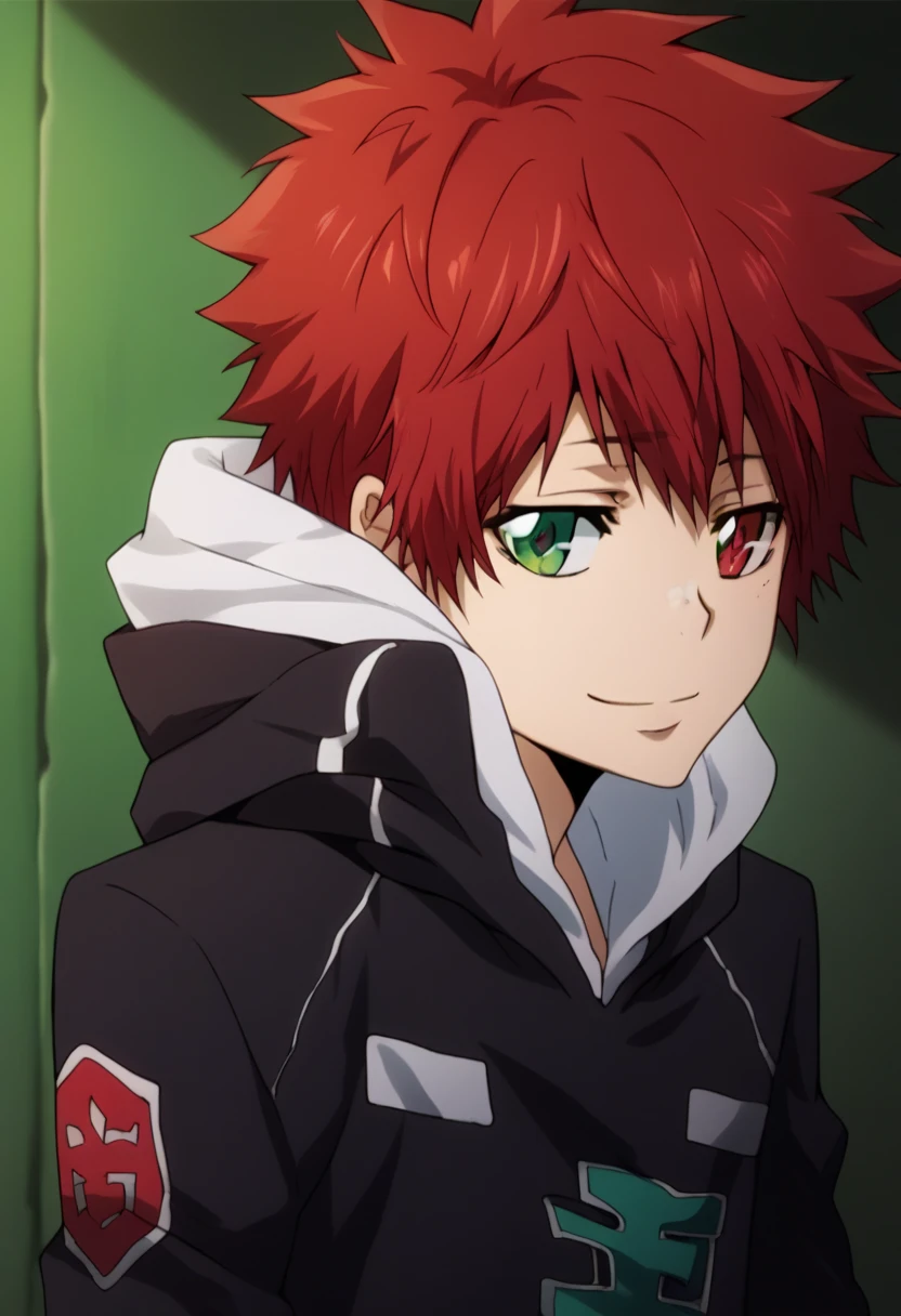 score_9, score_8_up, score_7_up, score_6_up, highly detailed, masterpiece, best quality,detailed,intricate details, amazing quality, best aesthetic, absurdres,source_anime,1 boy,Enma_hyper,red hair,heterochromia,red eye, green eye,Long nape hair,smile,black hoodie clothes with hood