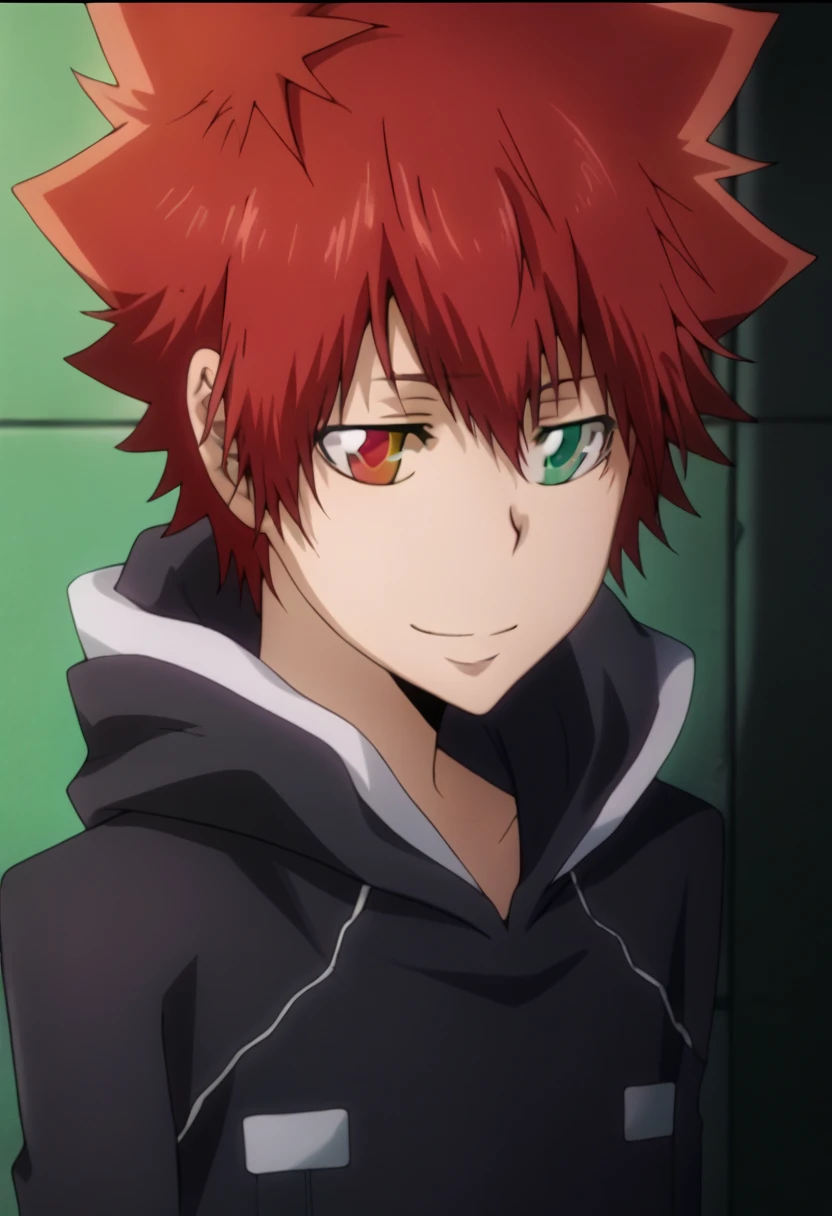 score_9, score_8_up, score_7_up, score_6_up, highly detailed, masterpiece, best quality,detailed,intricate details, amazing quality, best aesthetic, absurdres,source_anime,1 boy,Enma_hyper,red hair,heterochromia,red eye, green eye,Long nape hair,smile,black hoodie clothes with hood