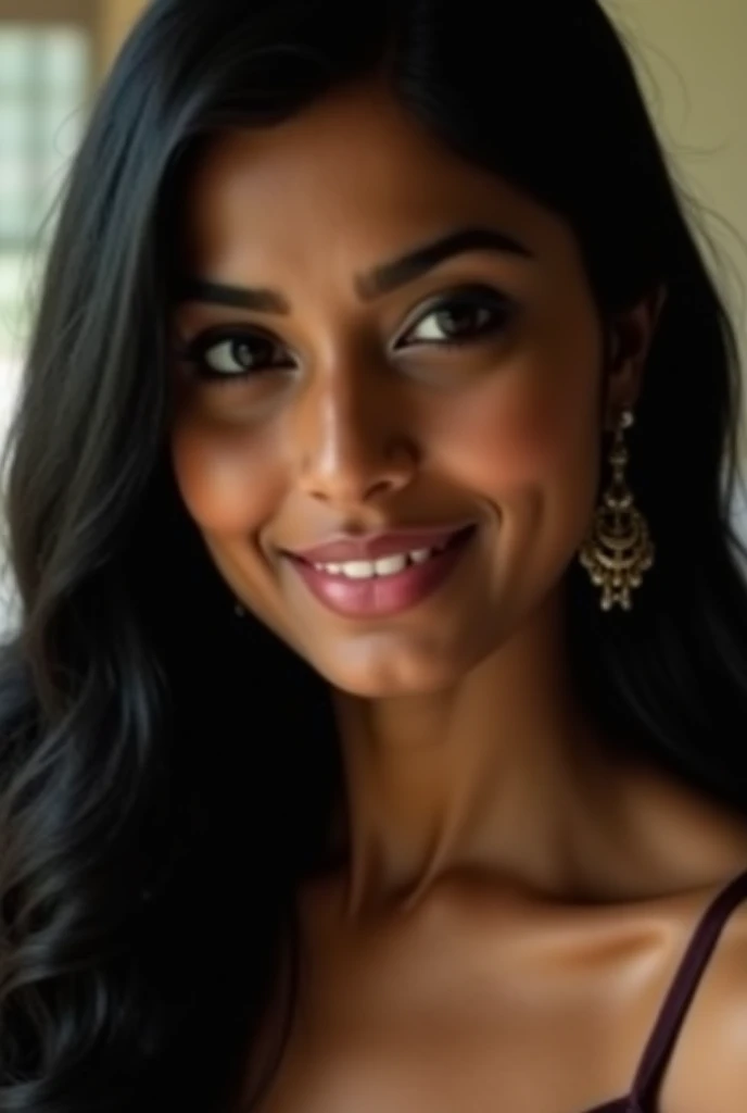  Portrait of A confident-looking indian  woman with black  hairs, dark eyes,light brown complexion, perfect composition, hyperrealistic, super detailed, 8k, high quality, , sharp focus, , intricate details, highly detailed, medium breast, smiling , red top tank, sweat on body, deep cleavege, athletic body