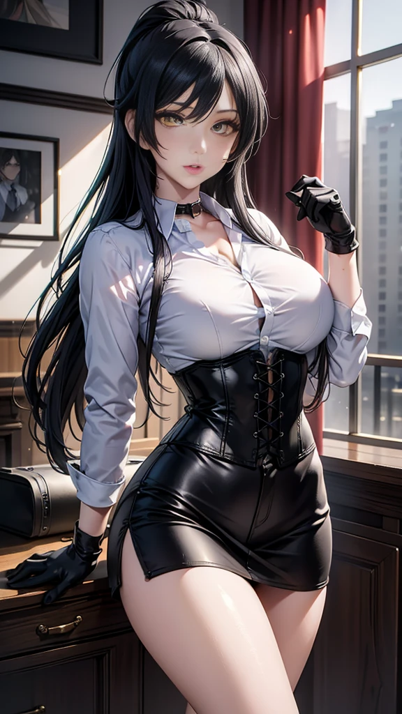1girl, office girl,wearing glasses, glowing skin,big boobs,big butt, black hair,blue ayes, detailed foreground,detail background, sharpen face,high res,hyper realistis, ultra detail
