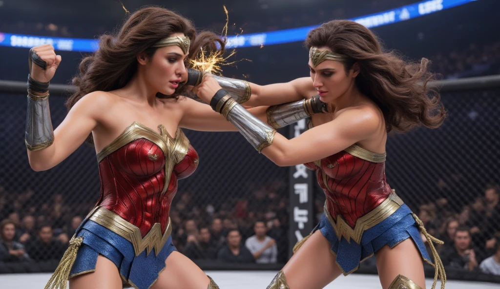 Wonderwoman versus Wonderwoman fighting with The Lasso of Truth in the UFC Octagon