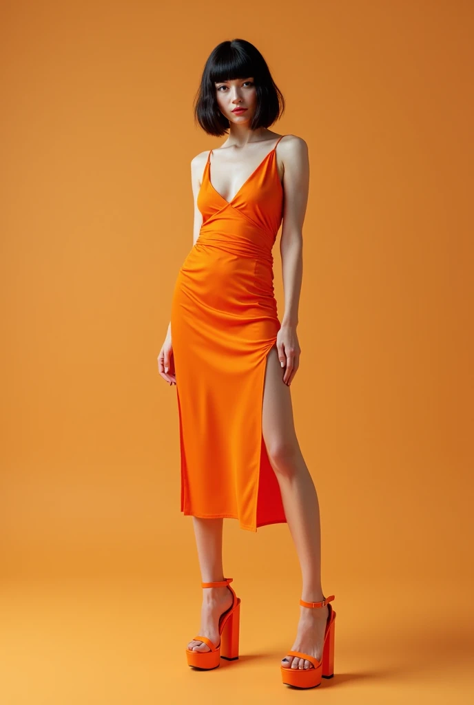 I need a orange drees with the neck cowl with just a strap and little bit slit near the knees but not too big slit
I need to hang it on manequein
for the background i want wall which is light pink and plaine wall and the floor is wooden floor no sunlight
Full background with wall make ut with prevoius floor