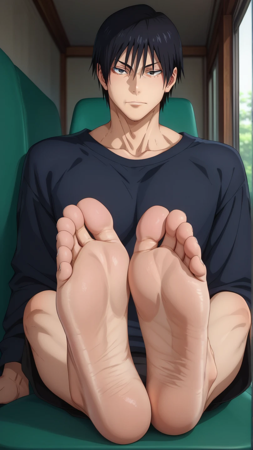 score_9, score_8_up, score_7_up, source_anime, looking at viewer, , depth of field, 1boy, solo, bare feet focus, touji_fushiguro, black hair, black eyes, short hair, hair between eyes, bangs, , , Touji is displaying his bare feet (soles) towards us and in front of us while he is sitting on a chair. His bare feet are close to us (focusing on his soles)(close up on soles)