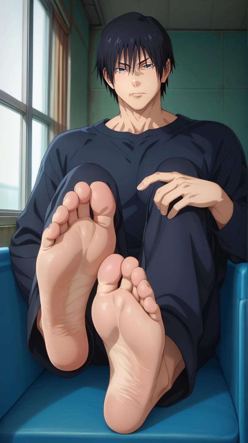 score_9, score_8_up, score_7_up, source_anime, looking at viewer, , depth of field, 1boy, solo, bare feet focus, touji_fushiguro, black hair, black eyes, short hair, hair between eyes, bangs, , , Touji is displaying his bare feet (soles) towards us and in front of us while he is sitting on a chair. His bare feet are close to us (focusing on his soles)(close up on soles)