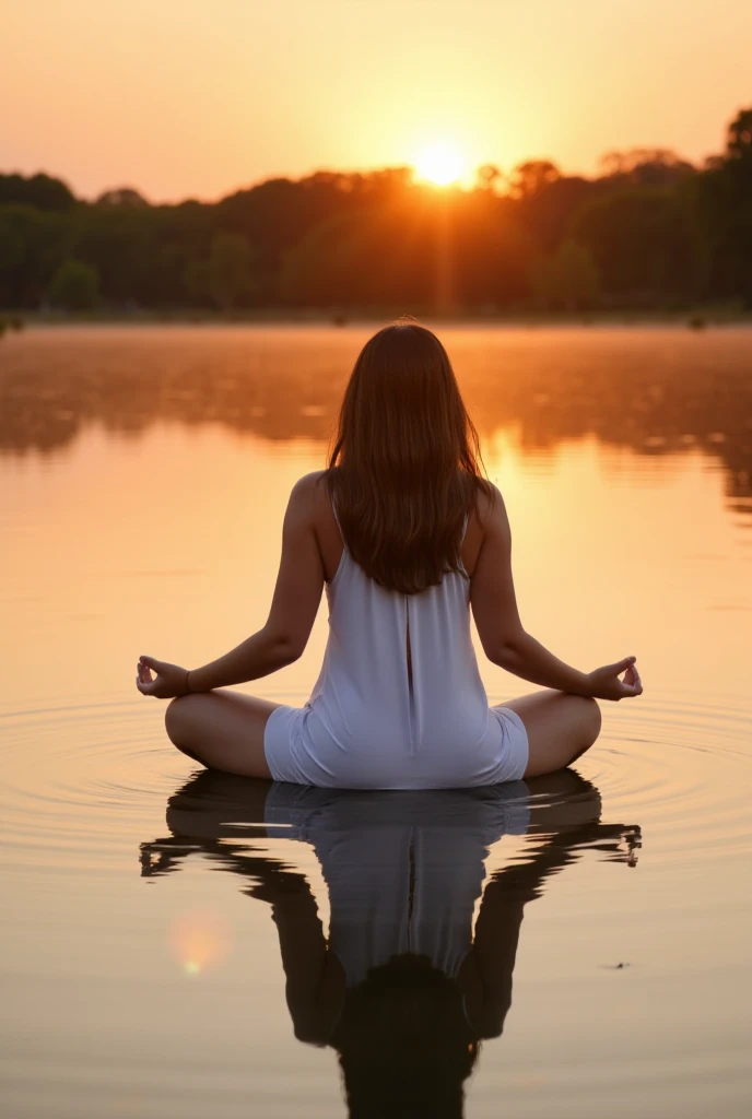 The image features a woman sitting in a serene setting, possibly a lake with her legs crossed. She is meditating in the peaceful environment. The woman is wearing a white dress, which adds to the calming atmosphere of the scene. The sun is setting in the background, casting a warm glow over the scene, and creating a beautiful reflection on the water's surface.