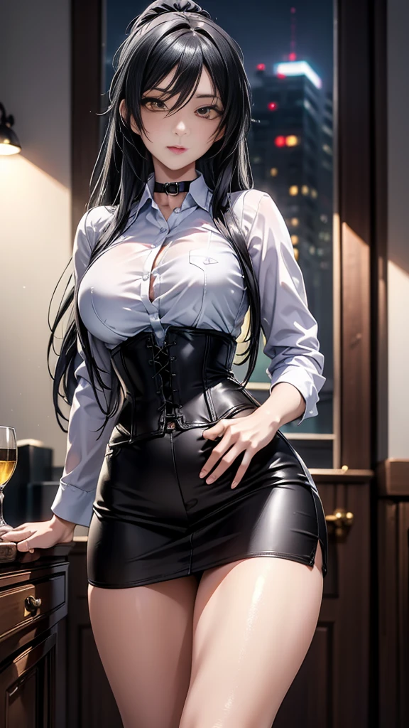 Masterpiece, high quality full length portrait of 1 woman (maduro)) YOUNG), choker:1.6, Long sleeve white buttoned shirt, shiny black leggings, beautiful thin face, detailed face, long hair, (black hair), BIG BREASTS, pale and light skin, detailed eyes, blue eyes, shy expression, set in a background inside a cabin with a fireplace, evening,