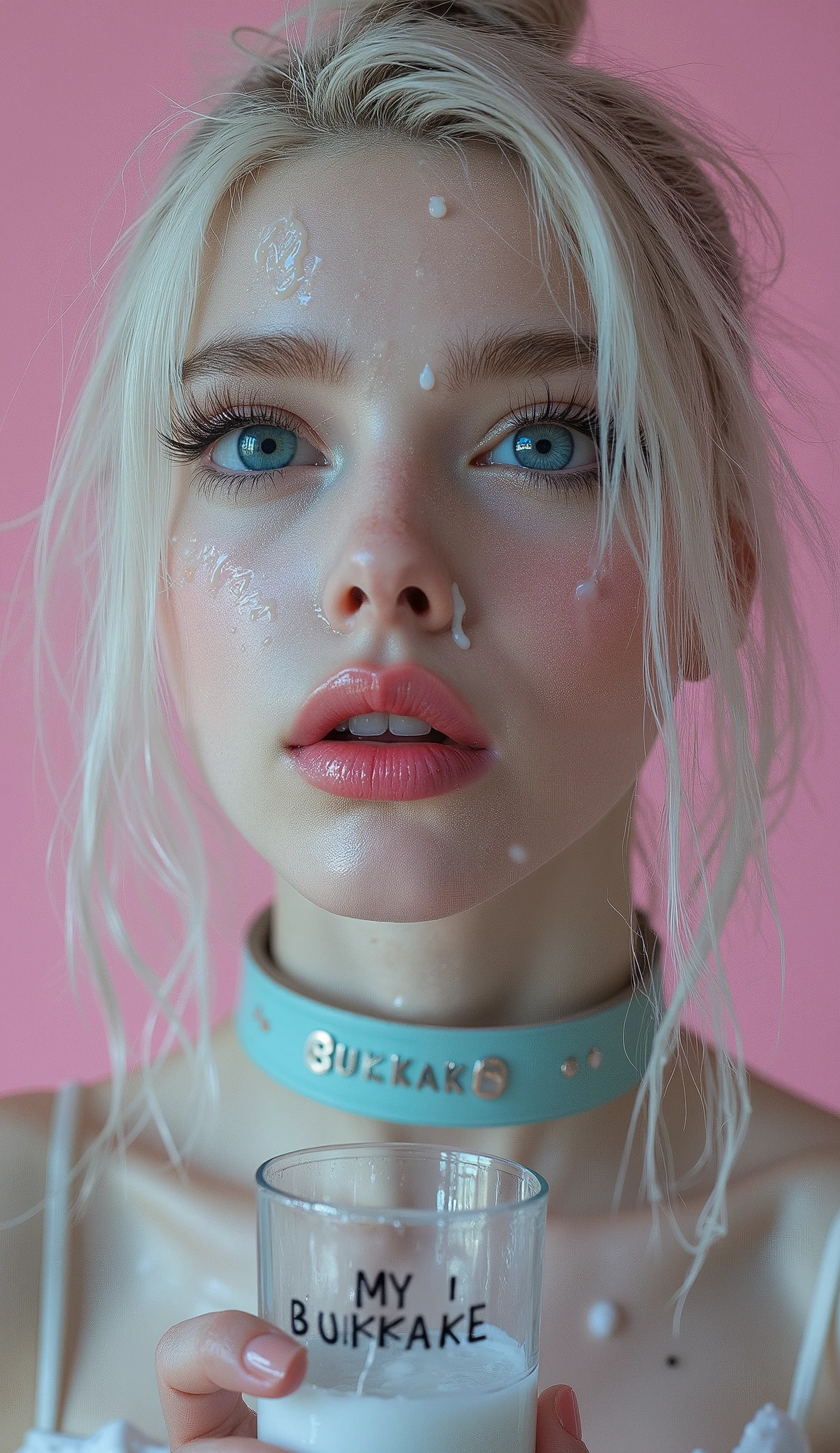Beautiful young albino girl with bright blue eyes, long straigt hair with a ponytail bind up, light bright pink plane background , porcelain skin , (Thick turqouse leather choker with silver text "BUKKAKE"), Cumface teenh lots of white, sticky, wet, Here Mouth is slitly open and she got Cum in here mouth, white transucent cum all over here face, (Cum on face), Cum on forehead, Dripping cum, (she is holding small matini glass just under here narrow chin with the text " MY 1 BUKKAKE" whitten in black on the glass), the clear glass is staind with white sticky cum, Ultra detaild skin,slighty freckles, photo ultra-realistic, hyper-detailed , Vogue photo shoot , cinematic, narrow cute cheek, big lfull ips with glossy pink lipstick, long eyelashes, pink blush on here cheeks,