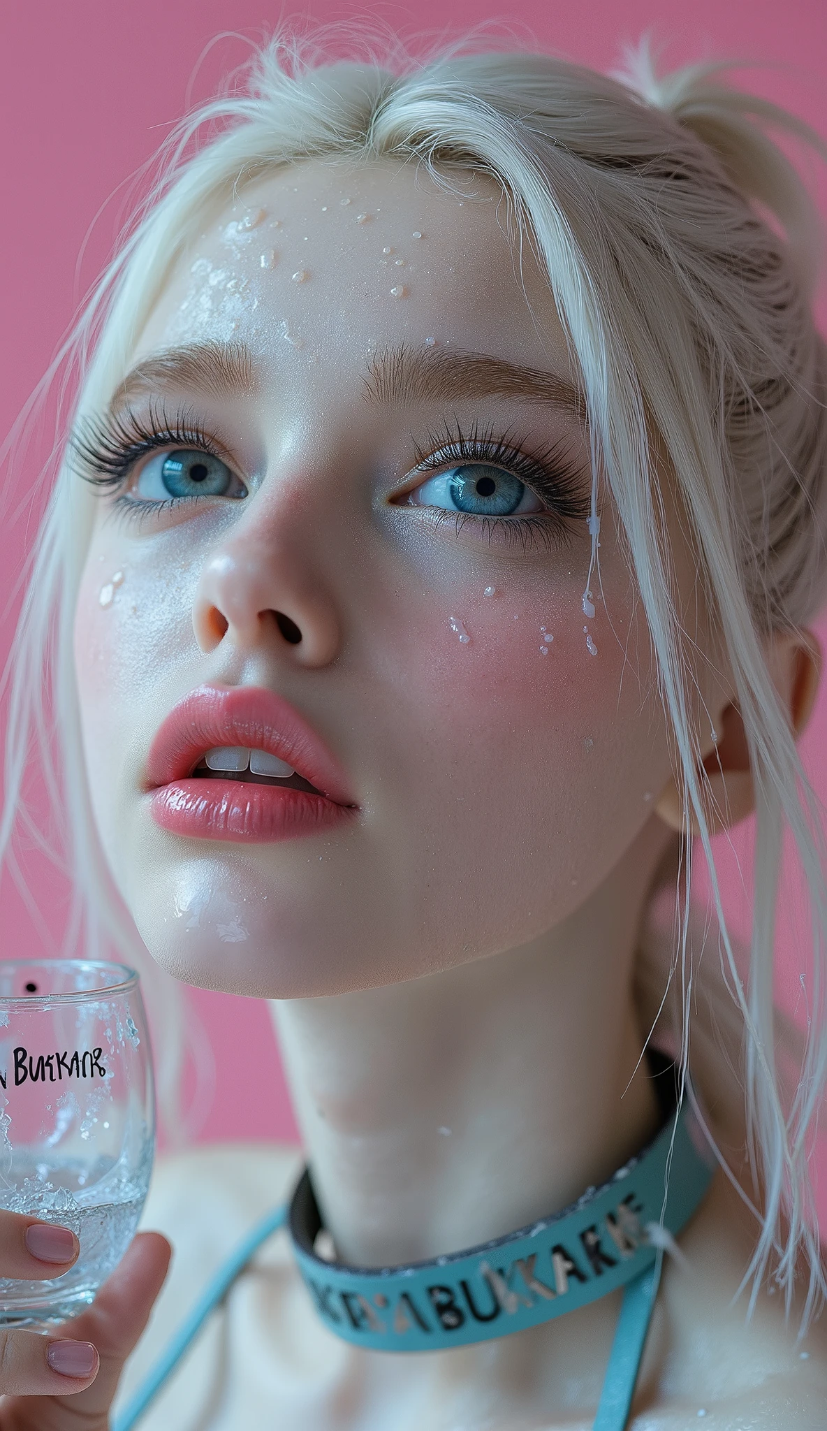 Beautiful young albino girl with bright blue eyes, long straigt hair with a ponytail bind up, light bright pink plane background , porcelain skin , (Thick turqouse leather choker with silver text "BUKKAKE"), Cumface teenh lots of white, sticky, wet, Here Mouth is slitly open and she got Cum in here mouth, white transucent cum all over here face, (Cum on face), Cum on forehead, Dripping cum, (she is holding small matini glass just under here narrow chin with the text " MY 1 BUKKAKE" whitten in black on the glass), the clear glass is staind with white sticky cum, Ultra detaild skin,slighty freckles, photo ultra-realistic, hyper-detailed , Vogue photo shoot , cinematic, narrow cute cheek, big lfull ips with glossy pink lipstick, long eyelashes, pink blush on here cheeks,