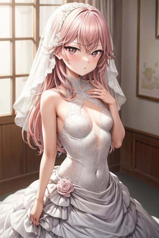 (bright lighting,romantic setting),bride captured, dreamy background,bondage,dark hair, mesmerizing gaze, , soft skin, alluring beauty, artistic portrait, high-quality image, vibrant colors, long silk gown, in the bed,tape bondage,tape gag, mosquito net, bridal