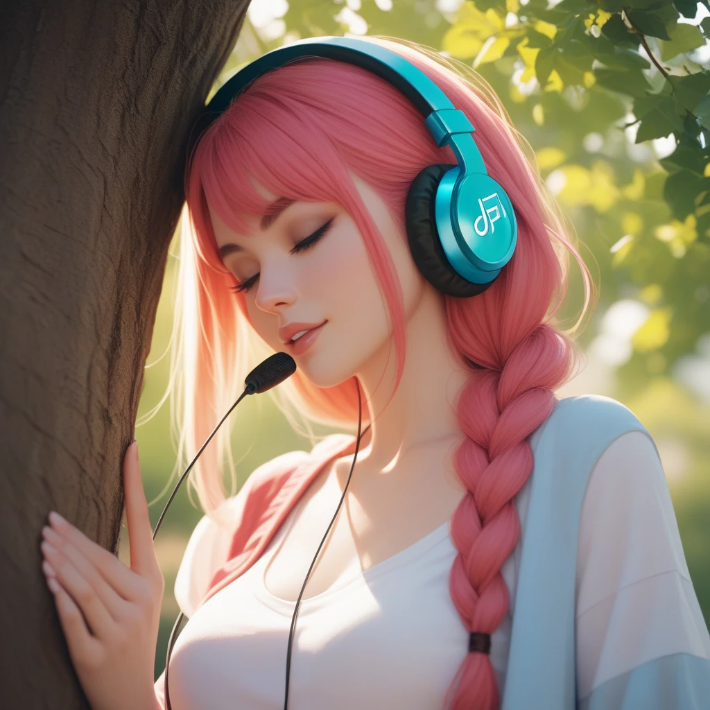 make me an illustration of someone leaning against a tree while listening to music with headphones