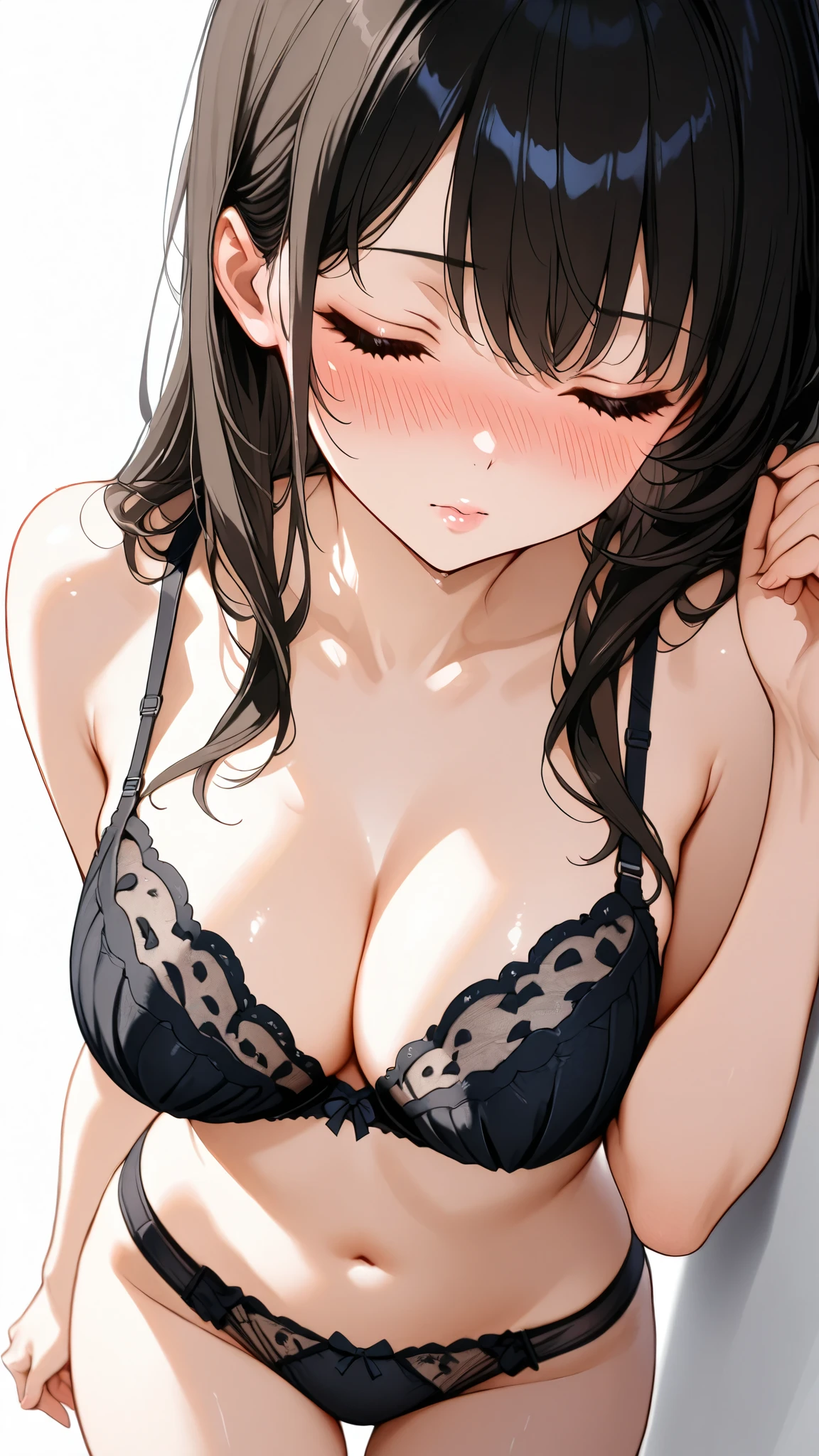 ((masterpiece, best quality, highres, UHD, perfect pixel)), Sakurajima mai, long hair, bangs, black hair, ((smooth texture:0.8, realistic texture:0.8)), ((medium breasts, cleavage)), bedroom, busty, perfect body, dynamic angle, ((close up, POV, from above)), blushing, ((bra, lingerie)), natural light, looking at viewer