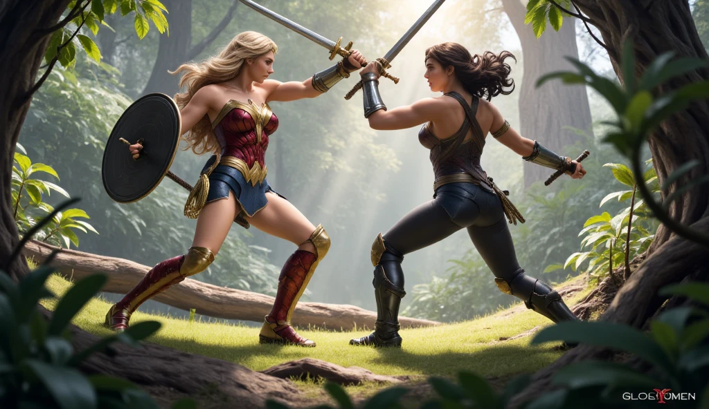 Blonde Wonderwoman versus Wonderwoman fighting with swords and shields in the forest