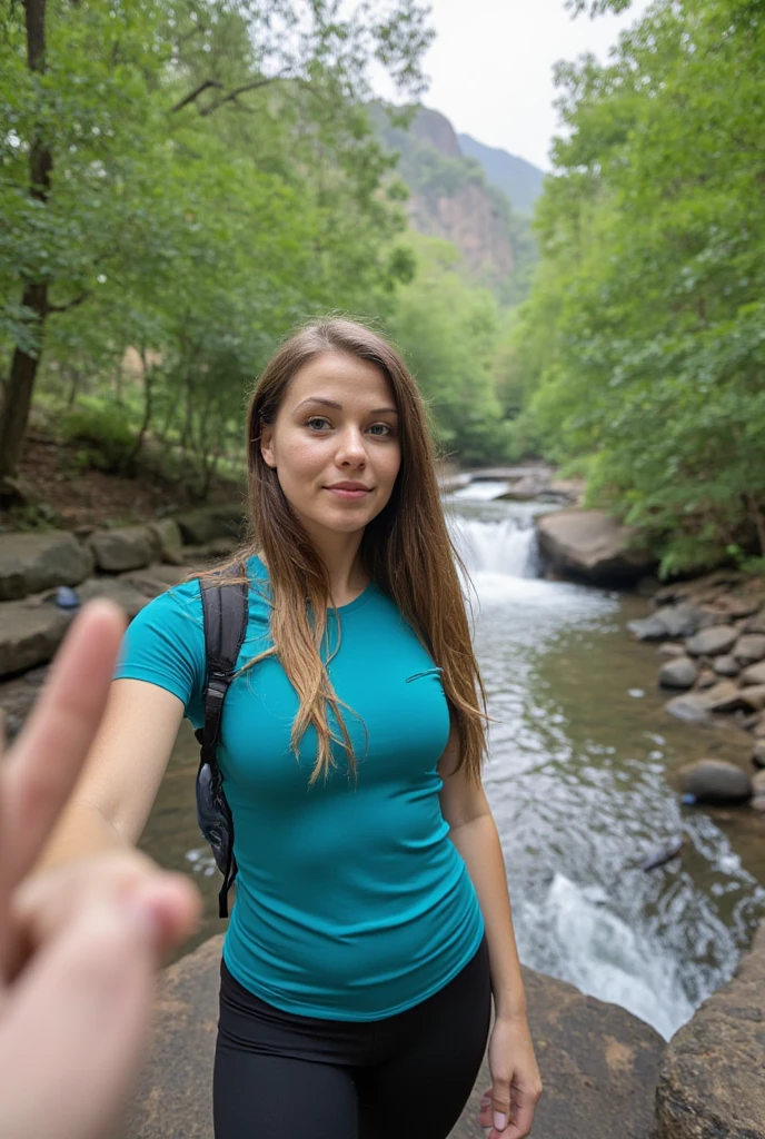 Selfie of a 30-year-old slim woman with long brown hair, blue eyes, and big-sized breasts, standing near a clear waterfall in a lush green forest. She is dressed in a teal moisture-wicking t-shirt, black leggings, and a small hydration pack. The light is diffused by the canopy above, creating a fresh and invigorating vibe.