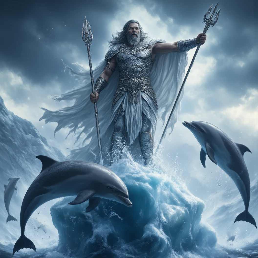 Imagine a close-up shot of Poseidon standing on a large iceberg. Dark gray hair and beard. He is donned in silver ornate fish scale armor with a white cape. Dynamically raises his trident spear as he releases a furious war cry, arms wide, eyes go white. Dolphins jump from the frozen seascape. Creating a powerfully moving and awe-inspiring power. Dynamic Movement. Dynamic Pose. The name "SUBSonic726G" carved on to his iceberg. High Resolution, Masterpiece, Digital Art, Character Design, Hyperdetailed, Depth Of Field, Image Fill, Cinematic Lighting, Close-Up, Cinematography, Floating Particles, Poster