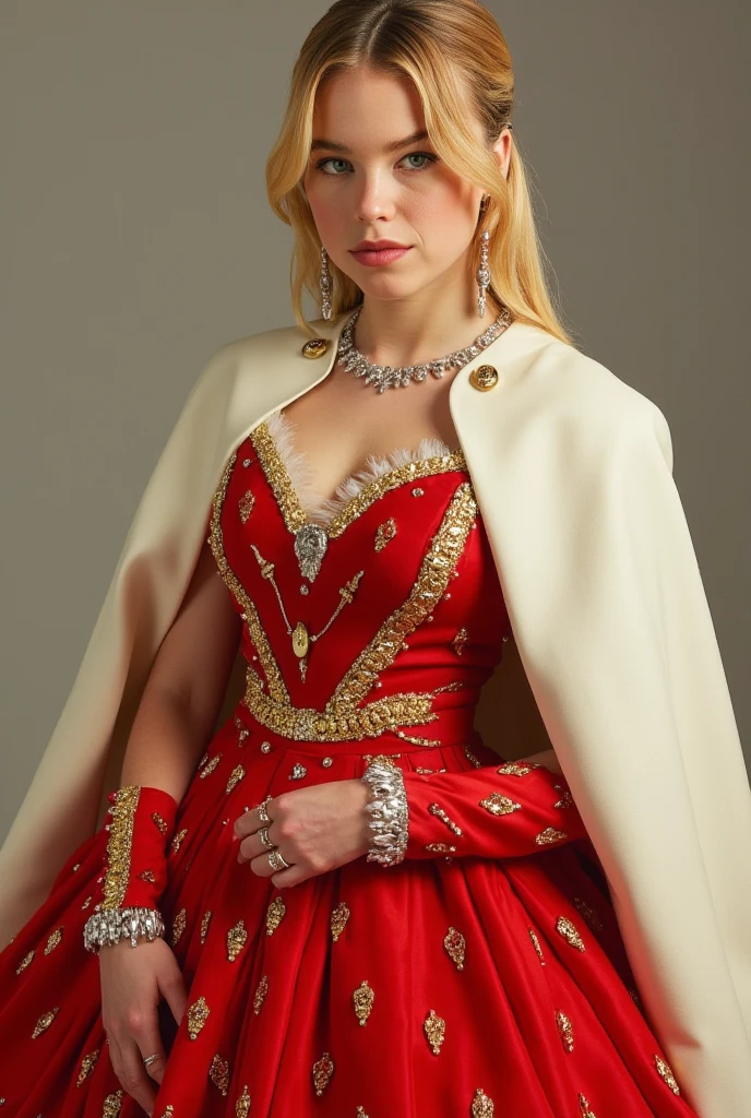 Milly Alcock,pale blonde hair,red royal gown with gold details,white cream cape