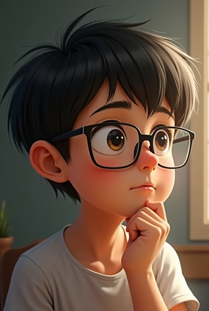 A boy with,Wear a T-shirt,Wear glasses,Black color hair,clean backdrop,(white backgrounid:1.4),(best qualtiy),(tmasterpiece:1.1),(Very detailed CG unity 8K wallpaper:1.1),(a color: 0.9),sharp and clear focus