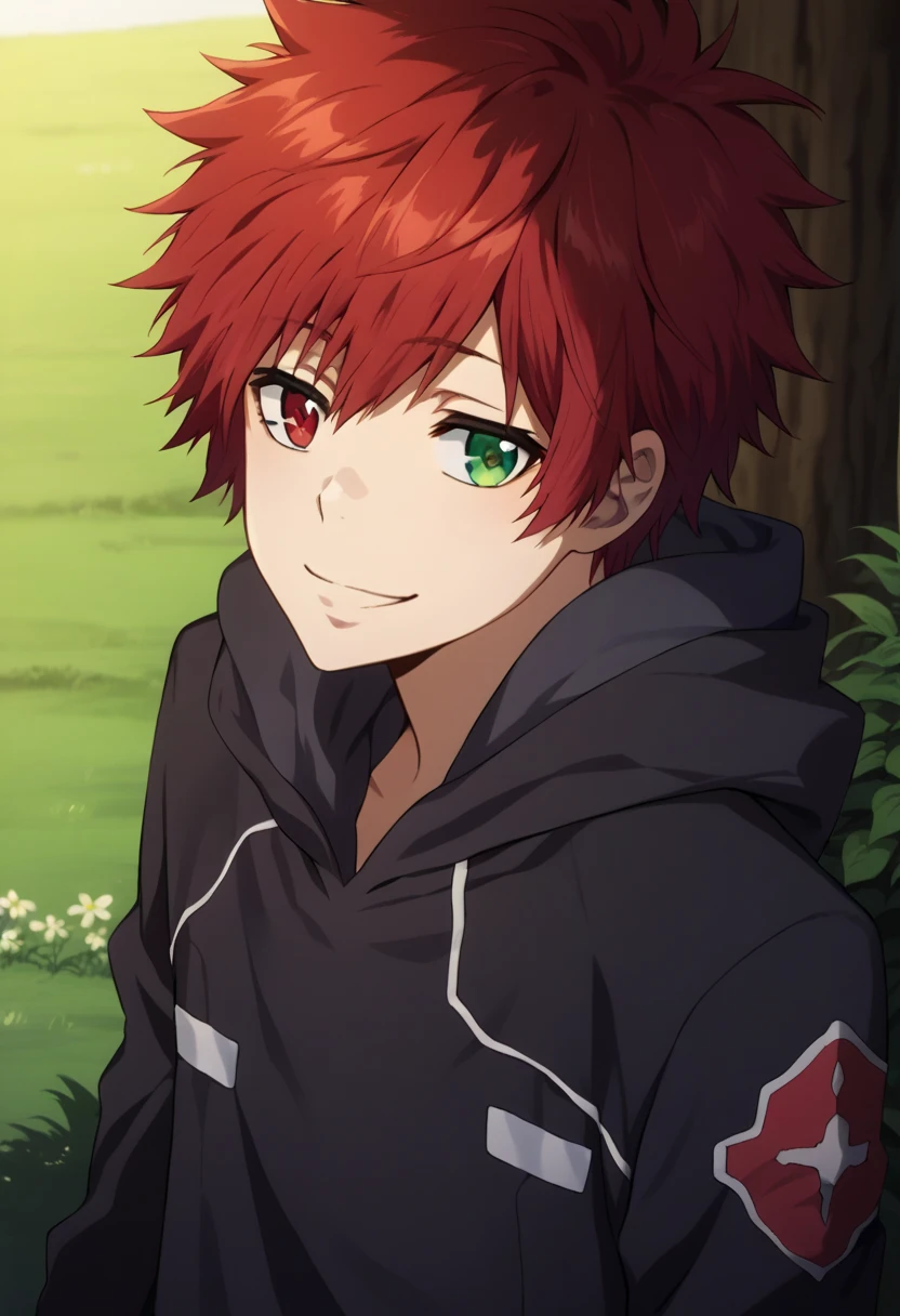 score_9, score_8_up, score_7_up, score_6_up, highly detailed, masterpiece, best quality,detailed,intricate details, amazing quality, best aesthetic, absurdres,source_anime,1 boy,Enma_hyper,red hair,heterochromia,red eye, green eye,Long nape hair,smile,black hoodie clothes with hood