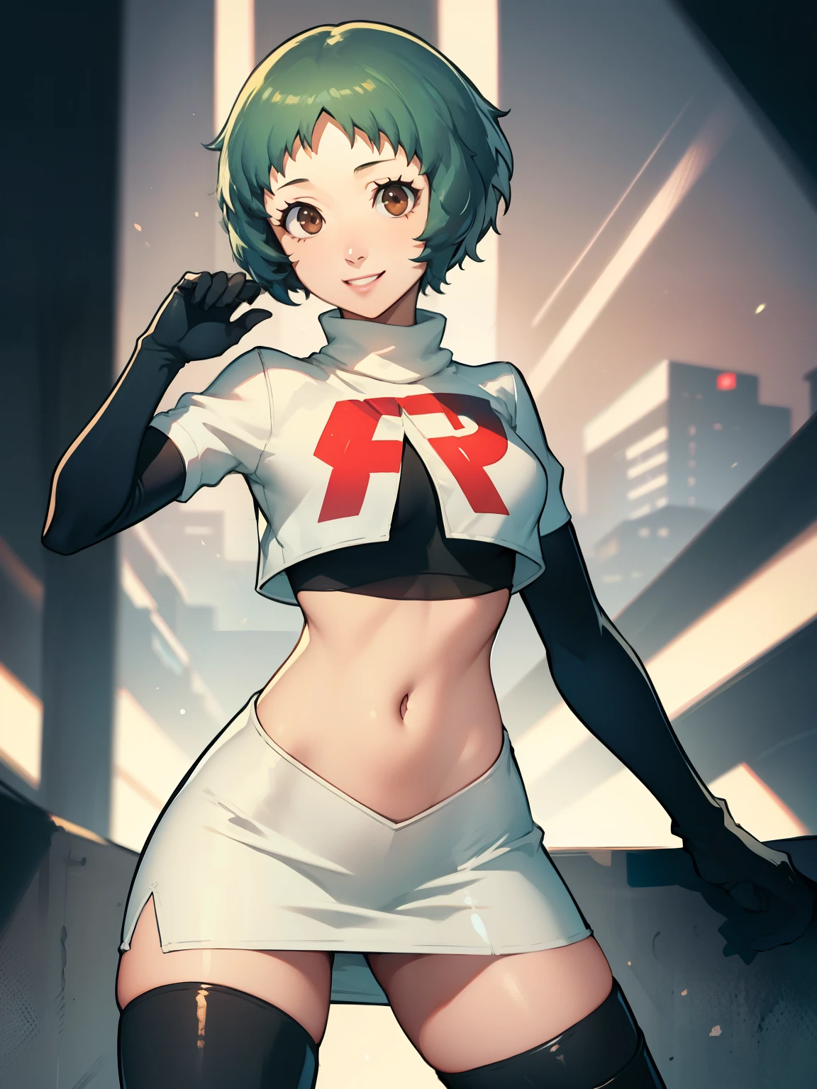Persona3Fuuka,brown eyes,glossy lips ,team rocket uniform, red letter R, white skirt,white crop top,black thigh-high boots, black elbow gloves, evil smile, poses