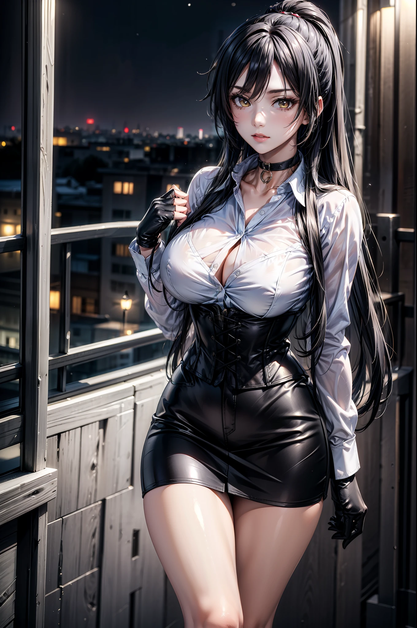 (Yaedef :1.4), 8K, highres, ultra detailed, (masterpiece:1.4), better quality, Sakuya Shirase, symmetrical body, sensual lips, perfect breasts , Big breasts, slender legs , badass anime girl , bright clothes, beautiful, Alone, standing, Tender Pose, seen from above, tender look, long ponytail black hair, detailed face , detailed eyes, amber yellow eyes, choker :1.6, ( white collar shirt :1.4), long black gloves , (black leather corset), (( black miniskirt )), black leather boots , habitación elegante at night, (( at night)), darkness