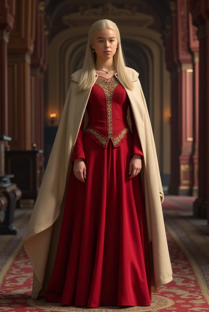 Rhaenyra Targaryen,red royal gown with gold details,white cream cape