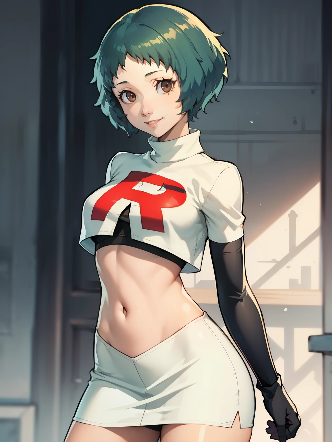 (((1 girl))) short hair, earings ,glossy lips ,team rocket uniform, red letter R, white skirt, white crop top, black thigh-high boots, black elbow gloves, evil smile, looking at viewer, cowboy shot, arms crossed, full body photo Mercedes von Martritz (Fire Emblem: Three Houses)