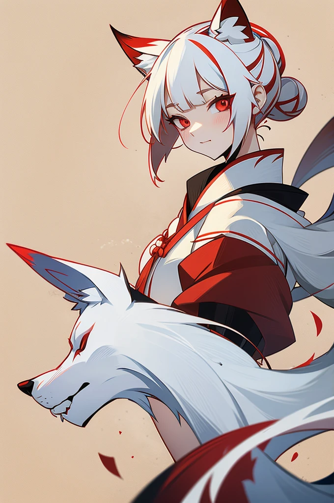  kitsune girl in red and white yukata,  with red eyes ,  white hair bandage on the eyes,  tied in a bun , fox white ears .