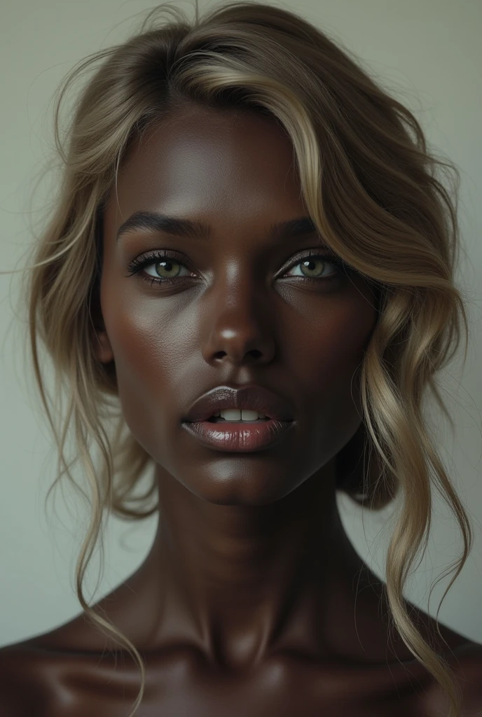 one girl, (((Open your mouth)))、Put your hand over your mouth、Beautiful breasts、 Brown eyes, ((Gal Hairstyles)) blonde, girl, (Eye and facial details:1.0), break, (masterpiece, Highest quality, Very detailed, Detailed face, 8k),( dark skin:1.95 )