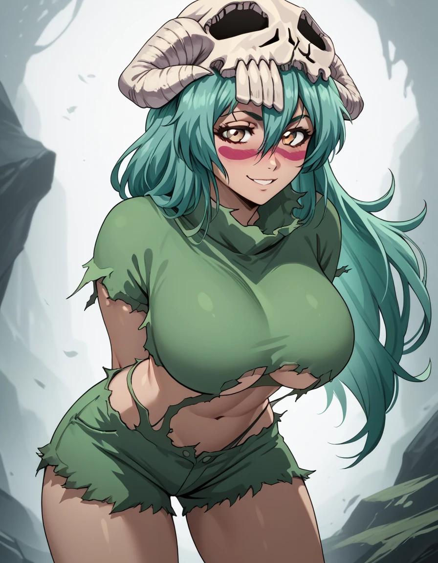 nelliel_you_odelschwanck,  facial mark ,   long hair, skull,  green hair,  big breasts,   with hair between her eyes ,
  torn clothes , short top, shorts,
standing,  hands behind his back ,  leaning forward,  looking at the viewer, to smile,  with your mouth shut, Blush