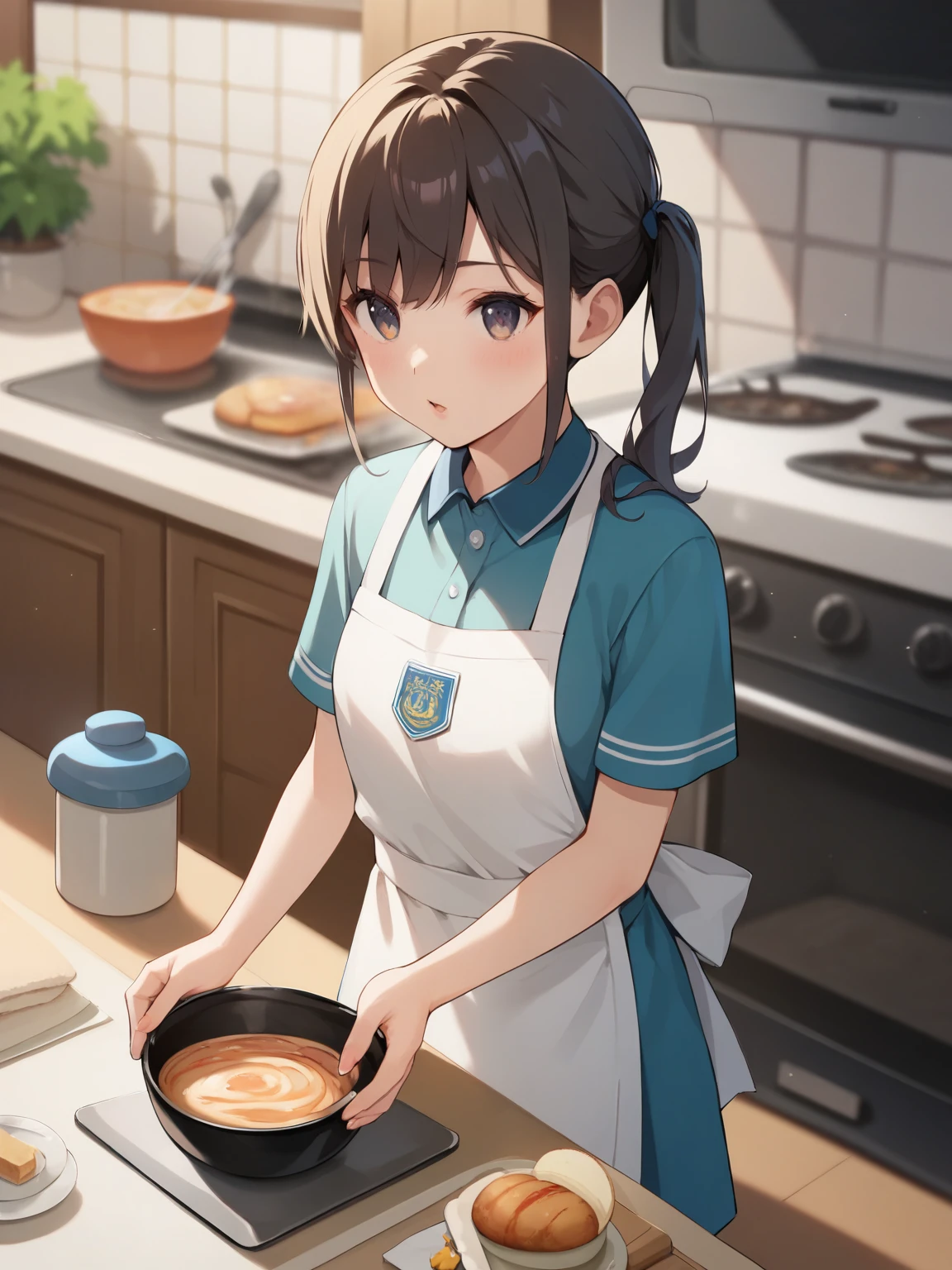 score_9, score_8_  up, score_7_  up, score_6_  up, anime line break  ，nsfw，  uncensored，(  detailed biography  :1.2)，  fisheye lens，quality_Masterpiece, The waist is anatomically correct ，A fair-skinned anime-style young girl cooking on a 、 short， **ddler body type， stove， wear a uniform， apron，